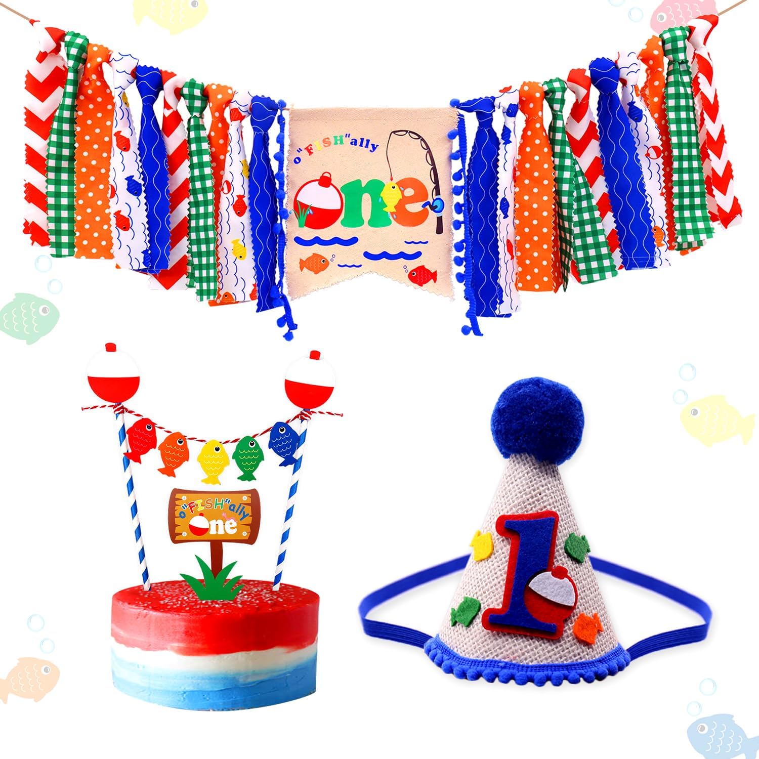 Vansolinne 3PCS Ofishally One Gone Fishing 1st Birthday Decorations for Boy - Little Fisherman Highchair Banner The Big One Hat Fish Cake Topper Bobber Baby Cake Smash Milestone Photo Booth Props