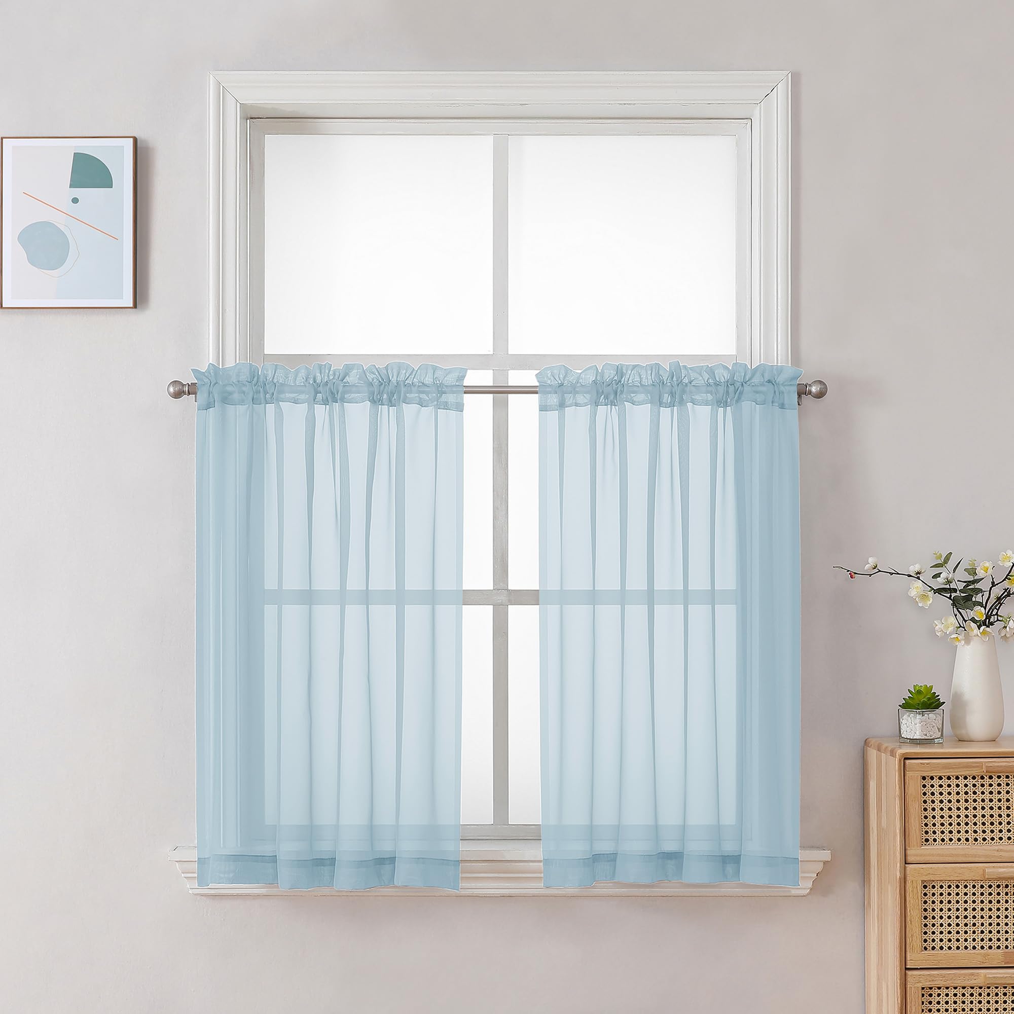 Chyhomenyc Sky Blue Sheer Curtains 30 inch Length 2 Panels, Light Filtering Voile Rod Pocket Short Window Curtians for Bathroom Living Room Farmhouse Small Windows, 42Wx30L inches — image 1