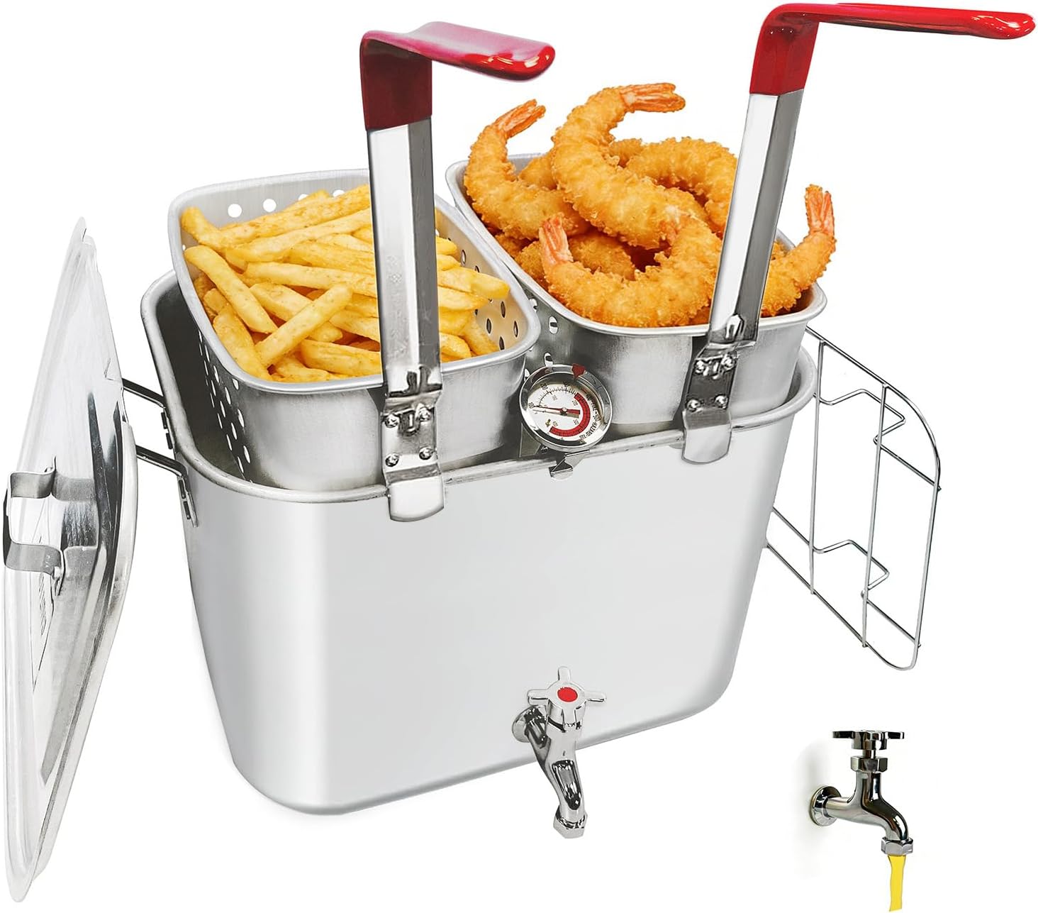 36QT Aluminum Deep Fryer Pot with Baskets &Spigot，Durable Rectangular Fish Fryers with Thermometer，Complete Outdoor Cooking Kit for Frying Fish,Crawfish,Crab,Turkey