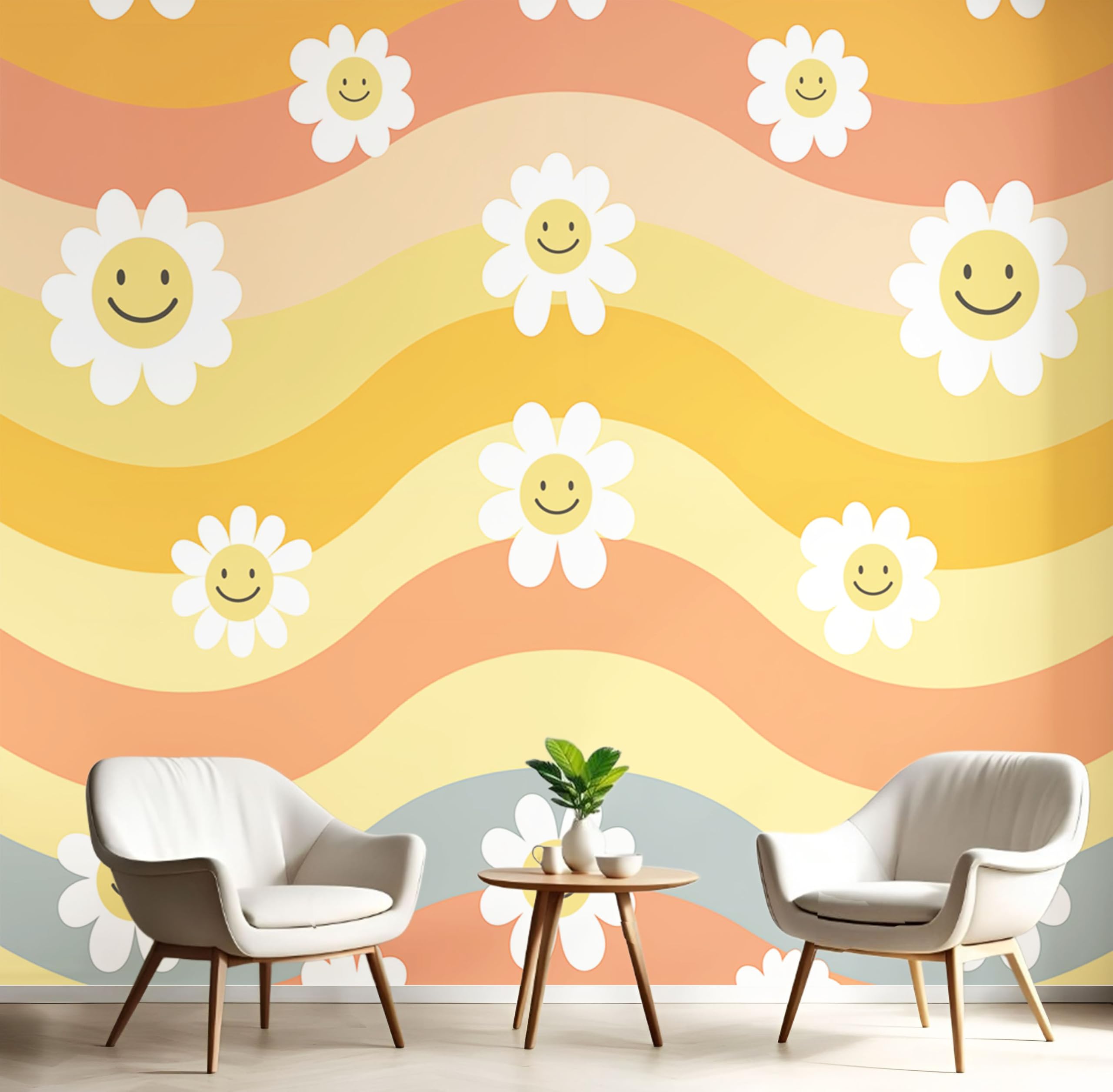 Papier Peint Panoramique En Soie Jaune Clair Daisy Wave 250X175Cm Revêtement Décoration