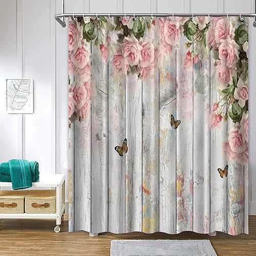 Verngo Cortina de ducha rosa para baño, cortina de baño con diseño de mariposa floral, cortina de ducha con fondo de madera