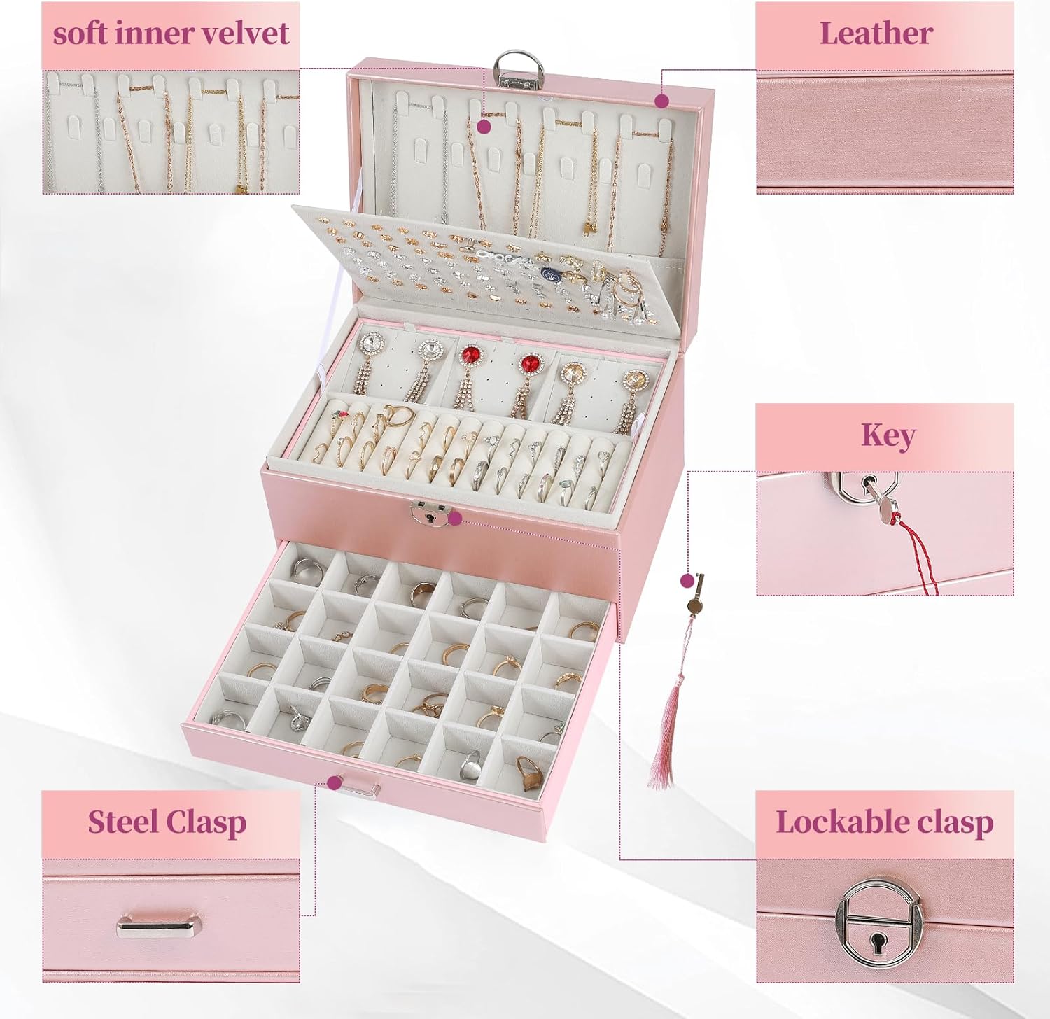 BOOVO Earring Jewelry Box For Women Girl Stud Organizer, 5 Layers Girl Jewelry Organizer Box With Lock Earring Holder Organizer Necklace Ring Jewelry Organizer Box For Girls (rose gold) - Image 3