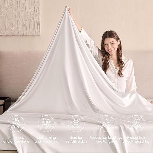 Miniatura 4 de THXSILK 1 sábana encimera de seda, 100% 6A+, seda de morera pura, ultra suave, refrescante, duradera (Queen, blanco)