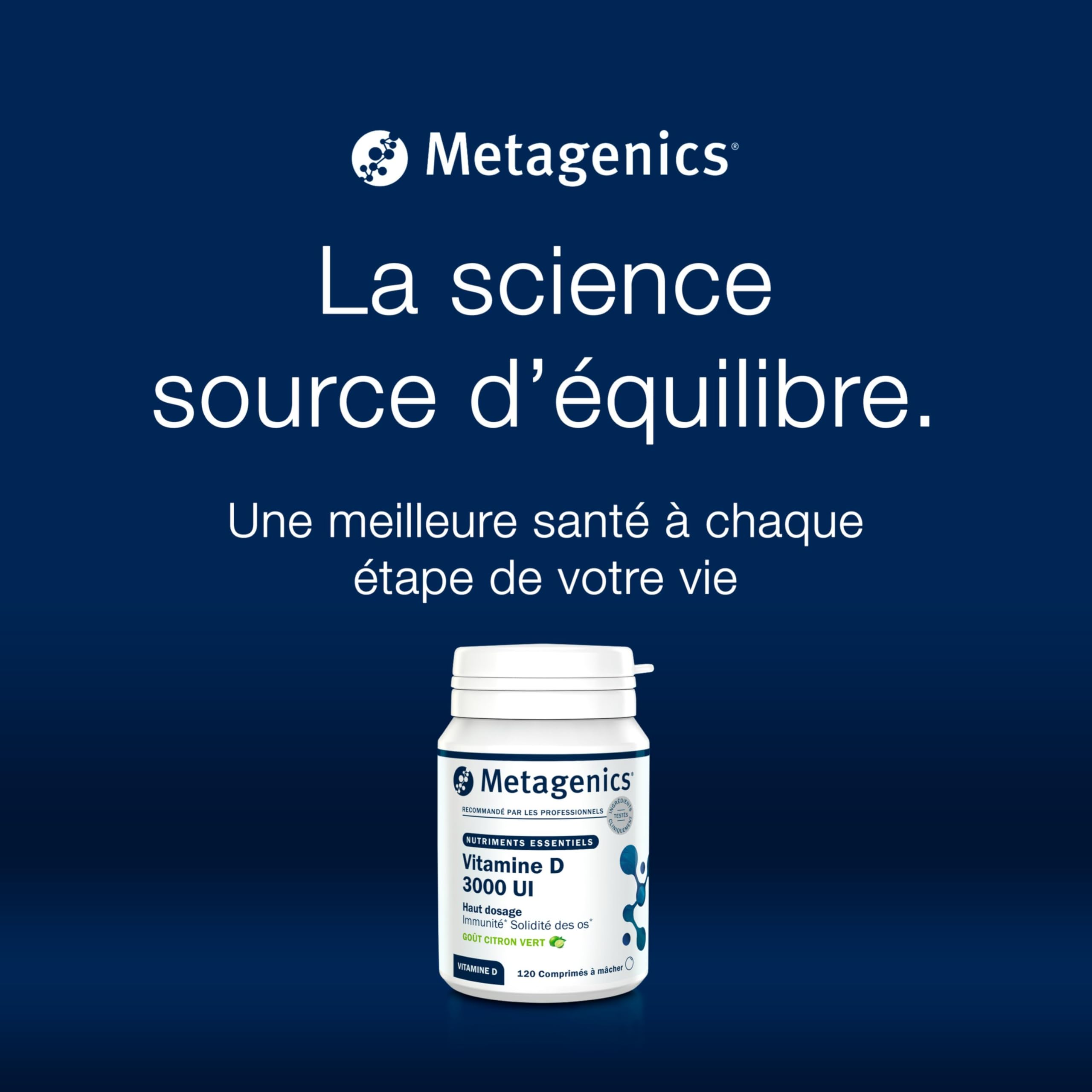 Metagenics Vitamine D3 3000 UI - Haute Dose 75 µg - Soutien Immunitaire & Santé des Os - Sans Gluten, Sans Lactose, Végétarien - 120 Comprimés à Mâcher Goût Citron Vert - 4 Mois