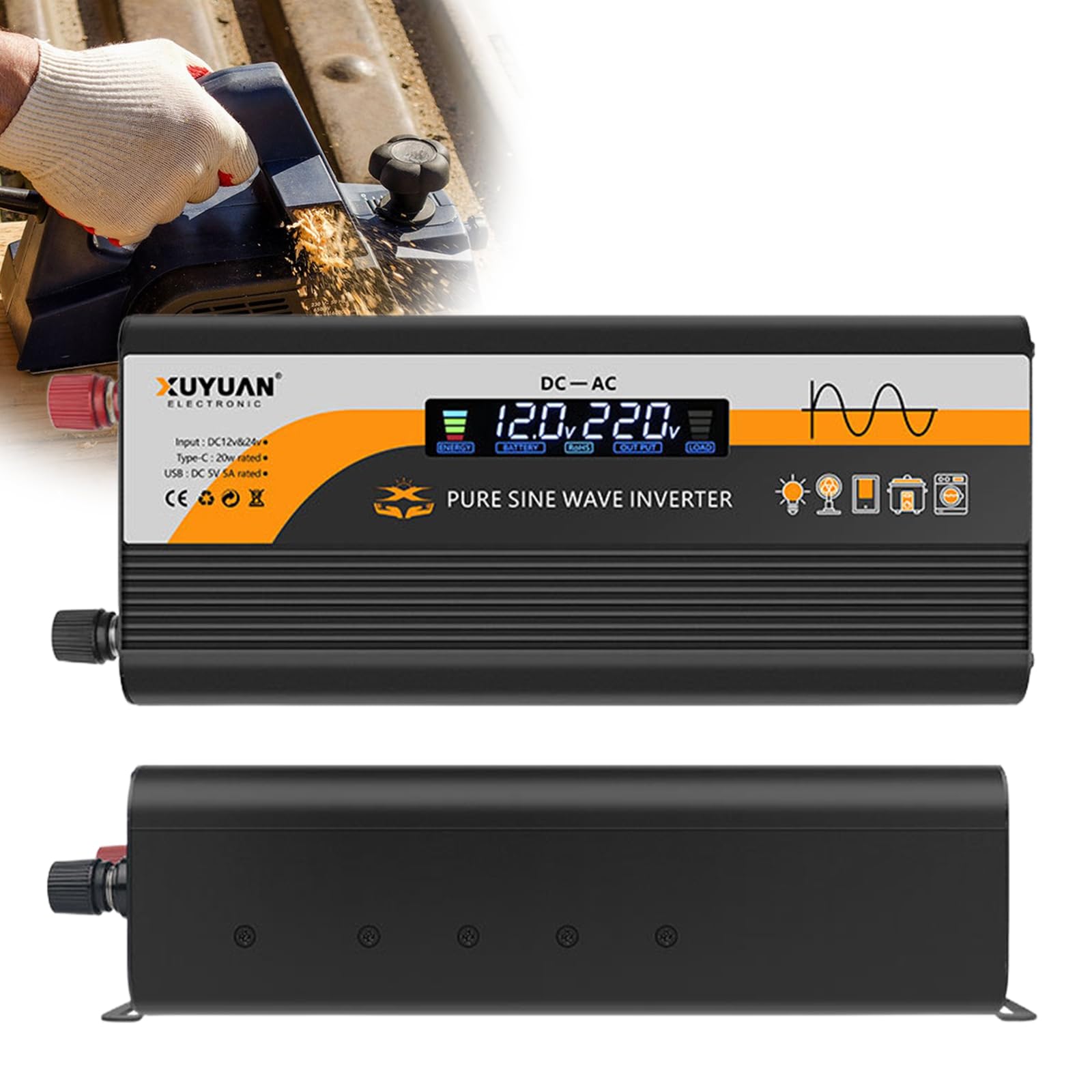 Invertitore sinusoidale puro da 800 W, 12 V a 230 V, convertitore di tensione con presa europea, USB (5 V/3 A), connettore di tipo C e display LCD, convertitore di corrente DC AC per auto, camper e