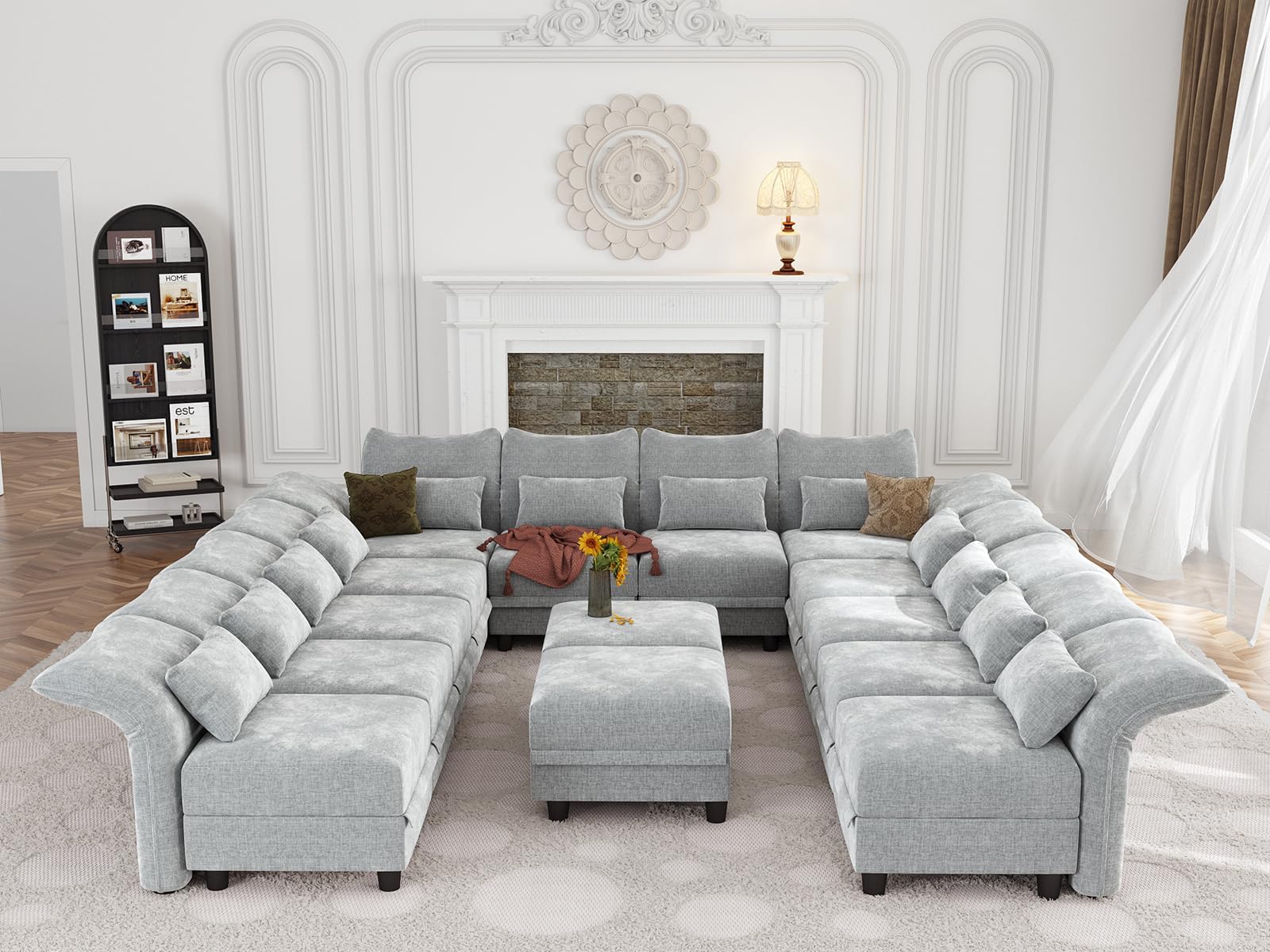 14-Seater Oversized Modular Sectional Sofa 179" Wide Chenille U Shaped Grey Sectional Couches for Living Room with Reversible Chaise and Storage Ottoman, Convertible to Sleeper Sofa