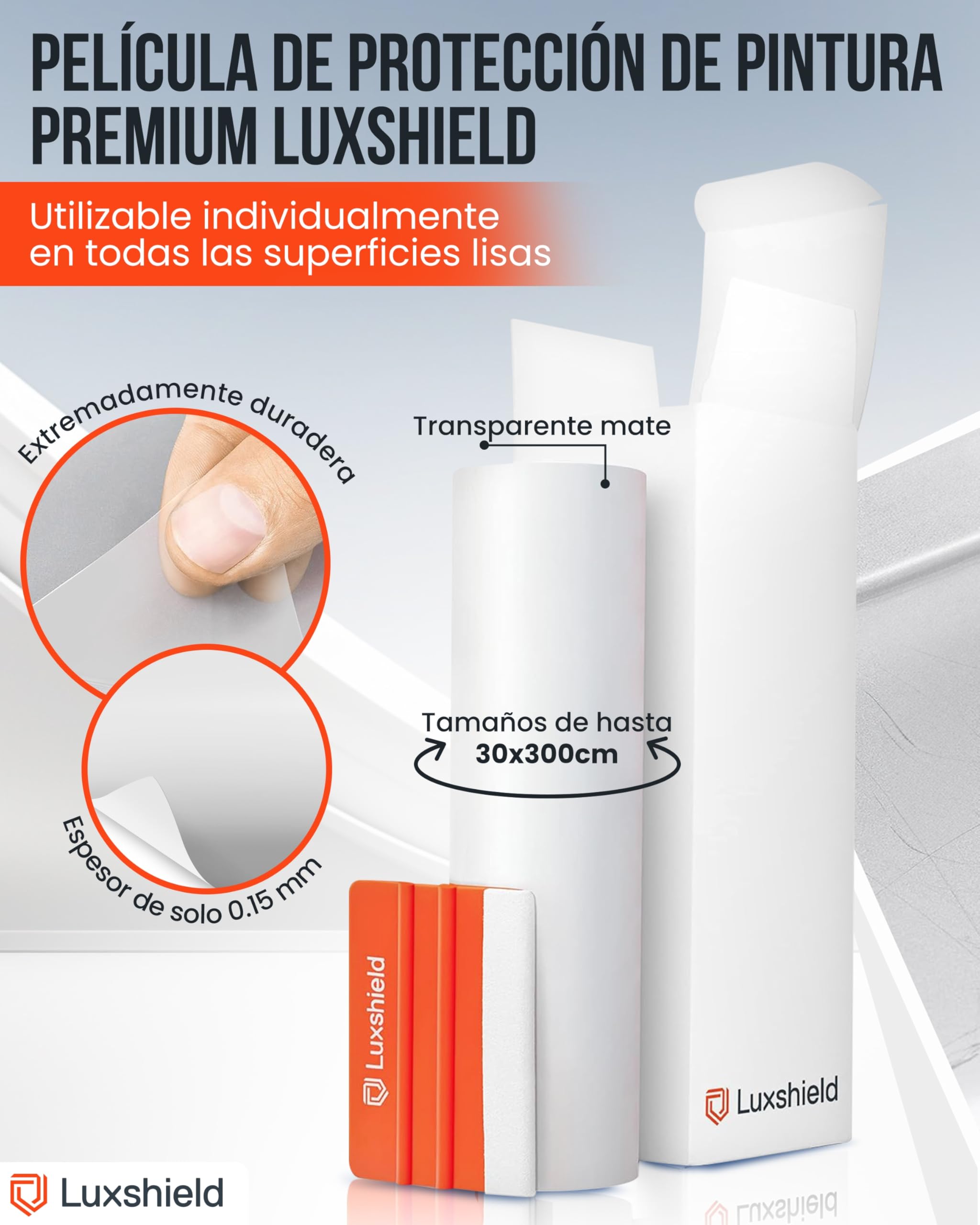 Luxshield Película de Protección de Pintura 15x200cm para Automóvil, Motocicleta, Bicicleta, Película Protectora Transparente Mate, autoadhesiva, por Metros, de Alemania