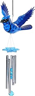Exhart Outdoor Wind Chimes - WindyWings 12" Blue Jay w/Flapping Wings Musical Wind Chimes - Durable Plastic Blue Jay Decor & Metal Pipes, Large Windchimes (12'' W x 10'' H x 24'' H)