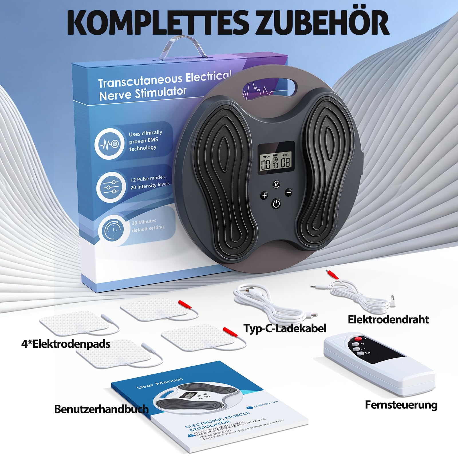Stimulateur de Circulation Jambes & Pieds – Masseur Électrique des Pieds EMS + TENS, Soulagement Fasciite Plantaire, Neuropathie, Douleurs Plantaires, Fatigue Musculaire, avec 4 Électrodes