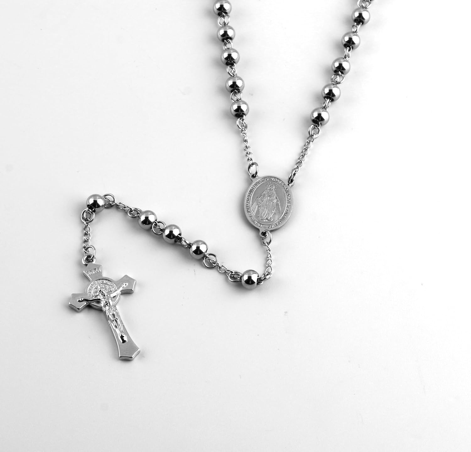 6mm Beads Stainless Steel Saint Benedict and Crucifix Cross Pendant Rosary Necklace with Gift Box - Image 5