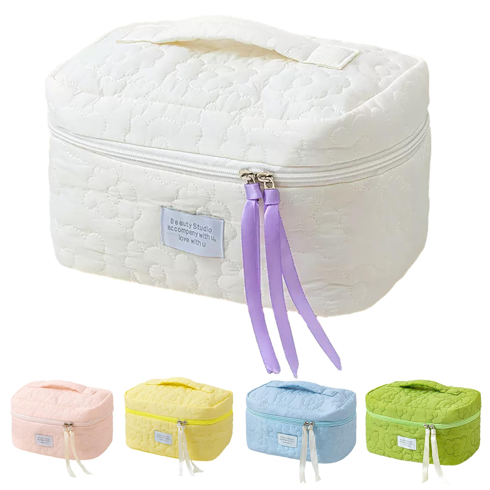 TJJII Floral Makeup Case, Cotton Inserts Puffy Quilted Makeup Toiletry Bag, Large Capacity Cosmetic Pouch, Daily Travel Use Skincare Bag with Handles,