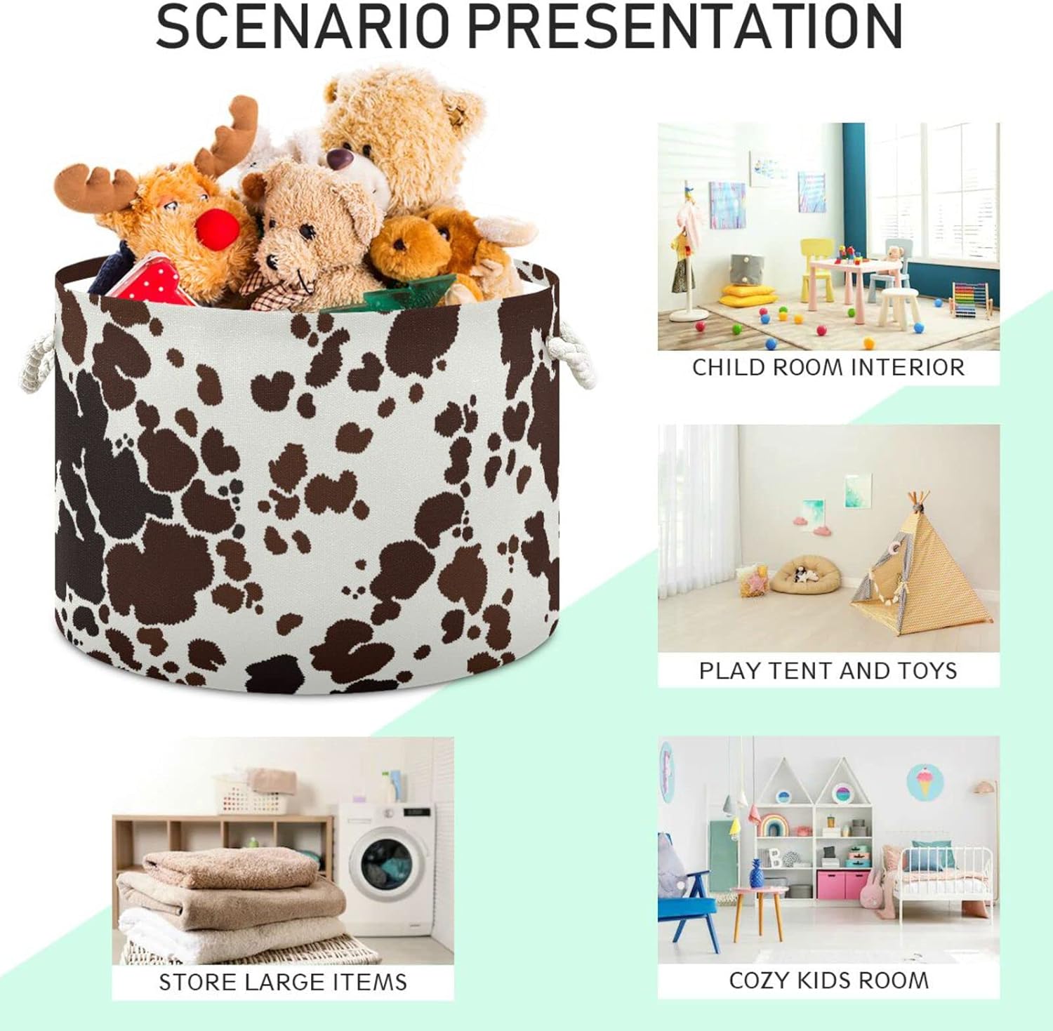 Kigai Cow Print Round Storage Basket with Cotton Rope,Large Collapsible Laundry Basket Blanket Toy Clothes Storage Bin for Bedroom Bathroom Nursery