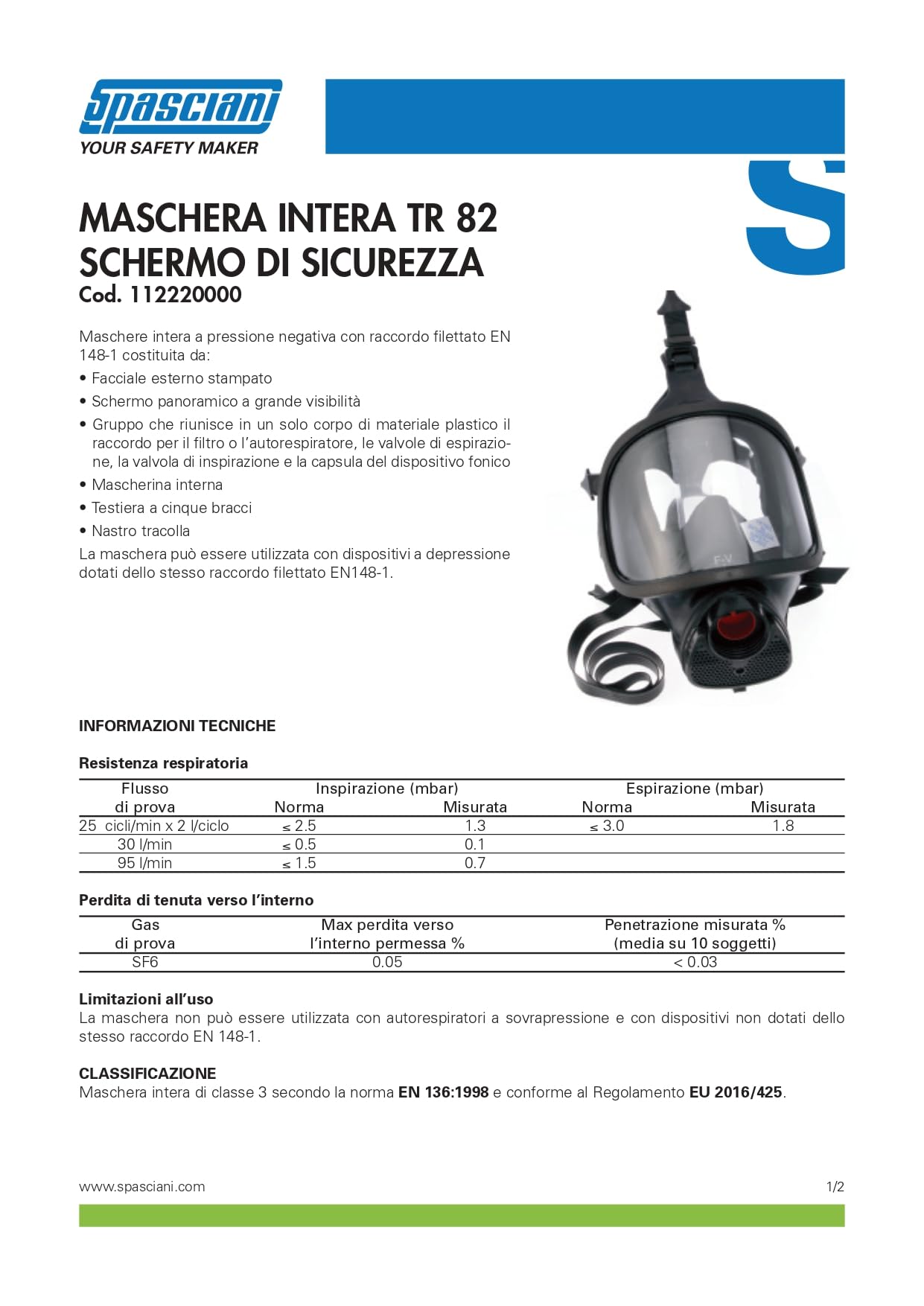 Generico Maschera Pieno Facciale con Vetro di Sicurezza Spasciani TR 82 Respiratore DPI Professionale 112220000