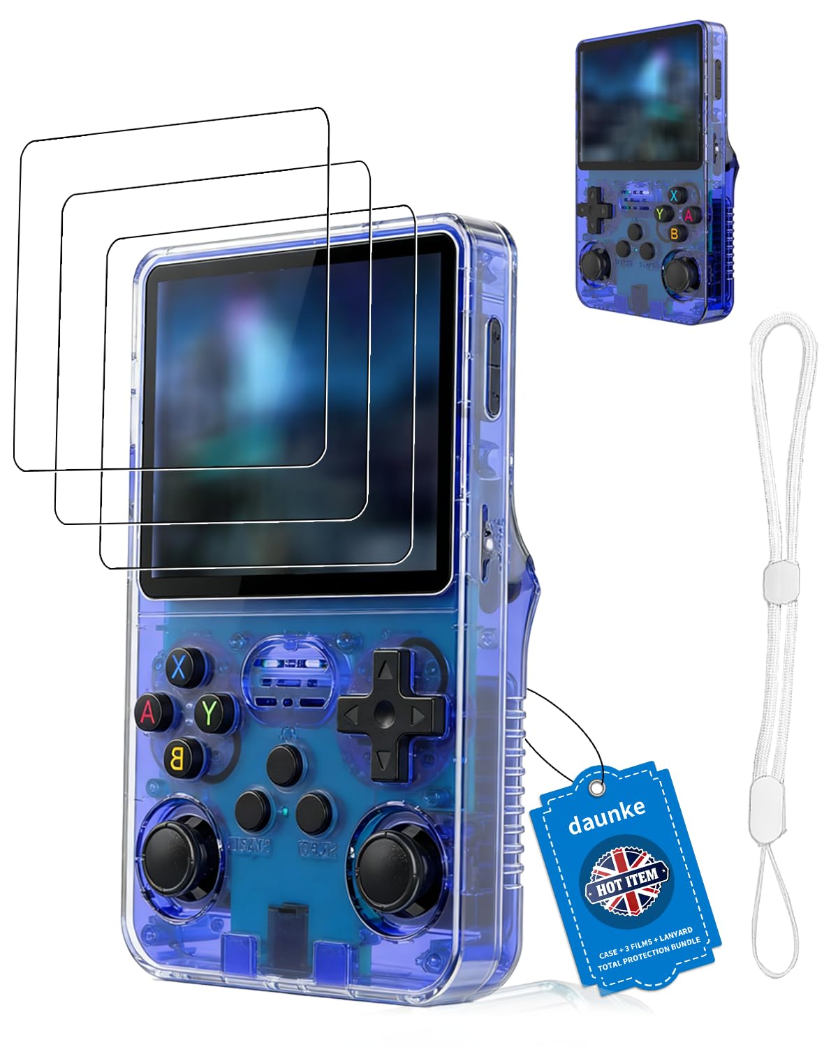 daunke Case for R36s Retro Handheld Game Console ,3-in-1 Protective Bundle [TPU Case + 3 Pack 9H Tempered Glass Screen Protectors + Anti-Lost Lanyard],Shockproof,Scratch Proof,Travel Portable Durable