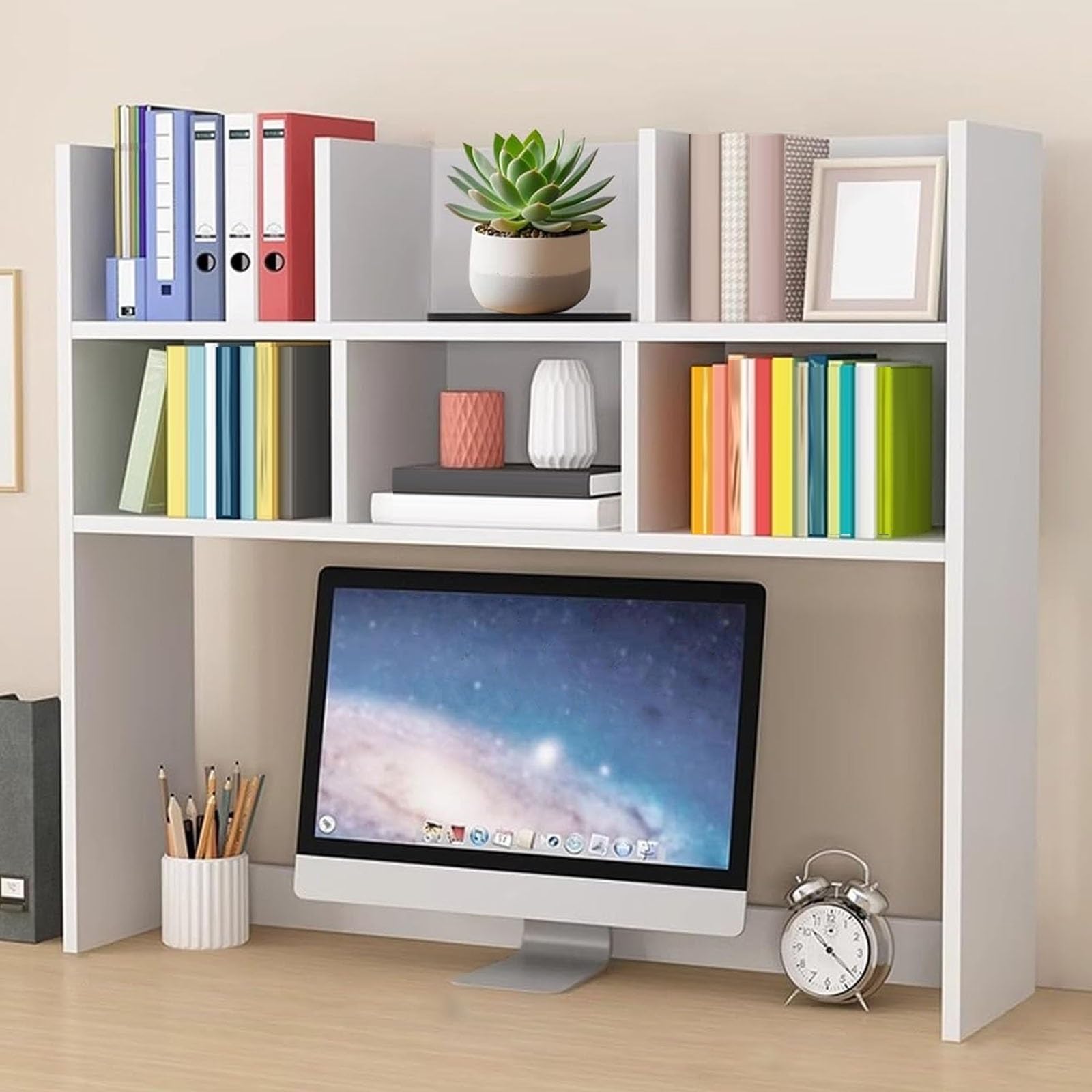 CWCQGH Freestanding Desk Bookshelf with 6 Cubbies - Stylish Dorm Desk Organizer Shelf for Home Office & Living Room Storage Solutions,70cm/27.6in