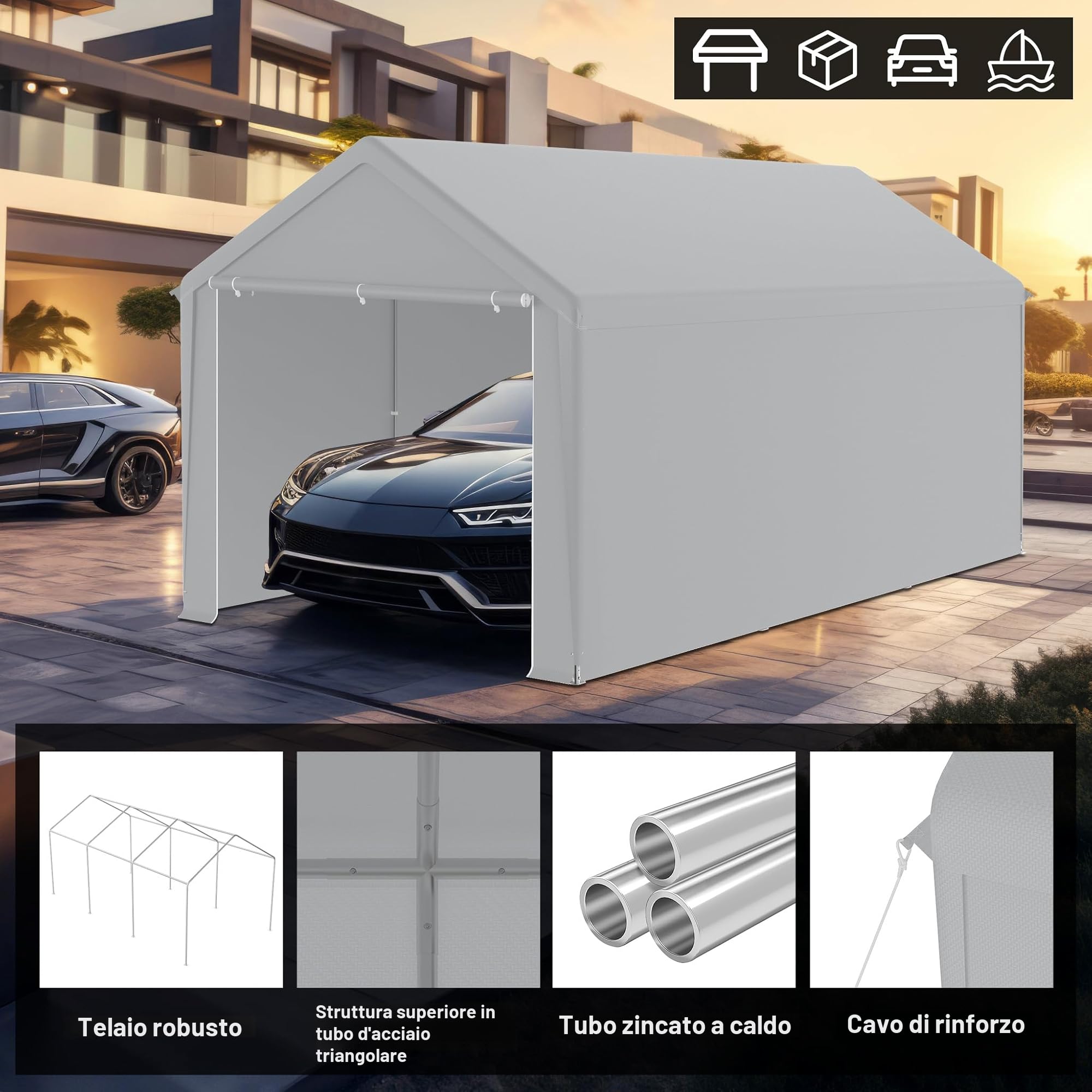 FIVMEN Carport tenda da campeggio 3 x 6 m con pareti laterali rimovibili resistente all'inverno grigio