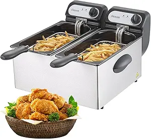 Vexon 3000W Electric Deep Fryer w/ 2 Baskets & Lids, 2X3L Stainless Steel Double Fryer,Countertop Kitchen Frying Machine,Temperature Control, Overheat Protection, 16.93*15.98*10.28 Inch, Silver