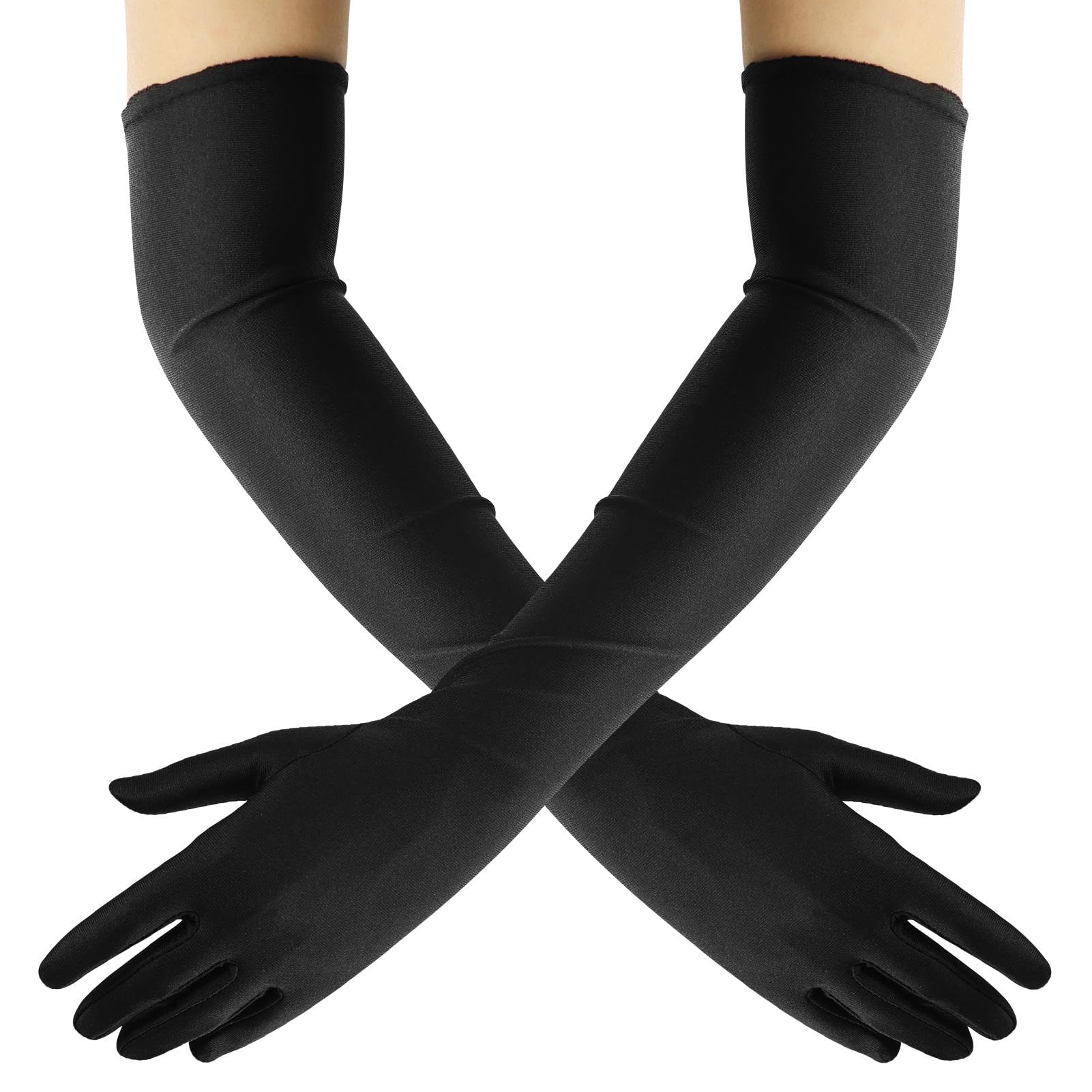 LTISHABILTD Black Satin Long Gloves - Stretchy Elbow Length for Evening, Opera, Bridal, Party, Wedding, Prom