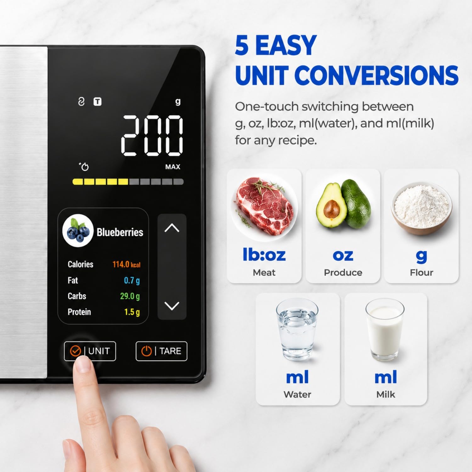 Smarte Ernährungswaage mit TFT-Display & App, Trackt Kalorien/Fett/Kohlenhydrate/Protein, 1g Präzision, 5kg/11lb, 50 Lebensmittel & 24 Nährstoffe, Digitale Küchenwaage für Meal Prep