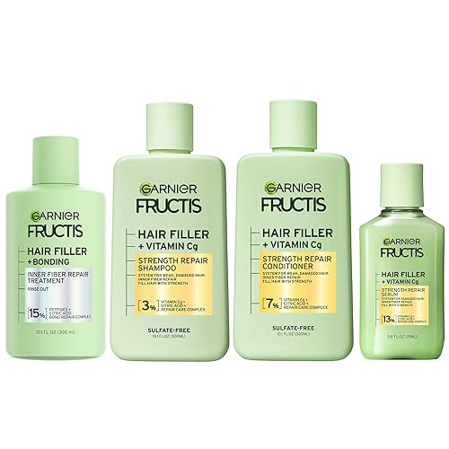 Garnier Fructis Hair Filler Bonding - Tratamiento capilar prechampú + set de champú reparador de fuerza, acondicionador y suero con vitamina Cg, 4