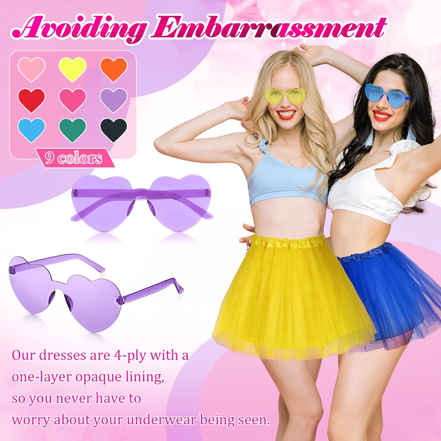 Handepo 18 Pcs Tutu Skirt for Women Heart Shaped Sunglasses Adult Tulle Tutu Costume Lady 80s Halloween Christmas Party
