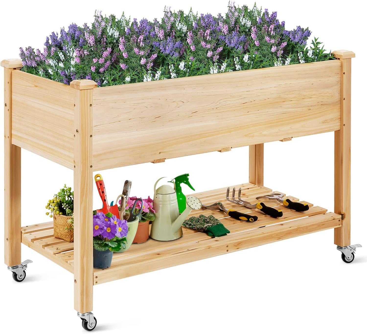 RELAX4LIFE Huerto Urbano con Ruedas Bloqueables y Estante para Maceteros y Herramientas, Jardinera Exterior de Madera Abeto con Orificios de Drenaje y Tela no Tejida para Terraza/Jardín, 120x59x84cm