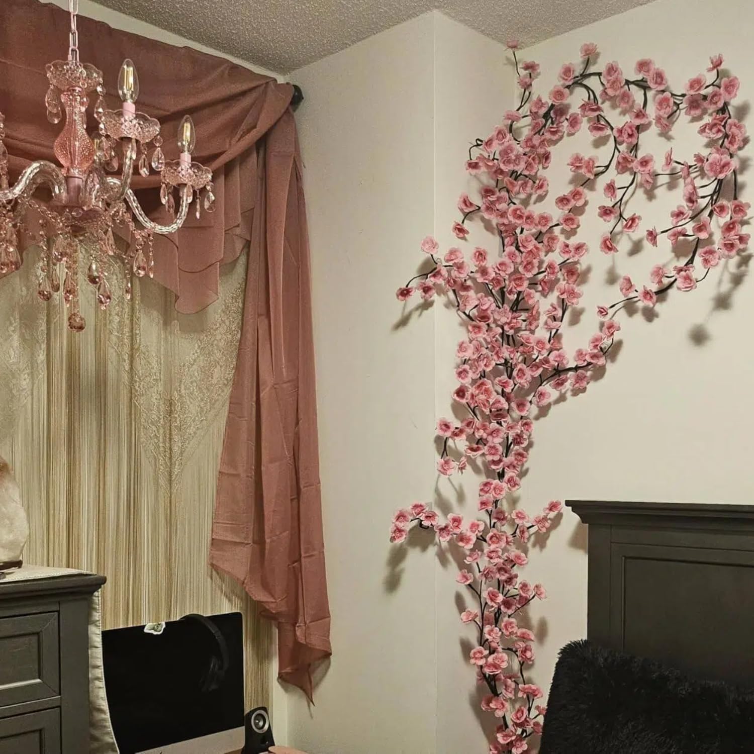 2Pcs Cherry Blossom Lights, 7.5FT 144 LED Lighted Willow Vine for Wall Bedroom Decor, 18 Branch Pink Flower Vine Lights with 8 Modes, Timer & Memory Function, Home Holiday Decoration
