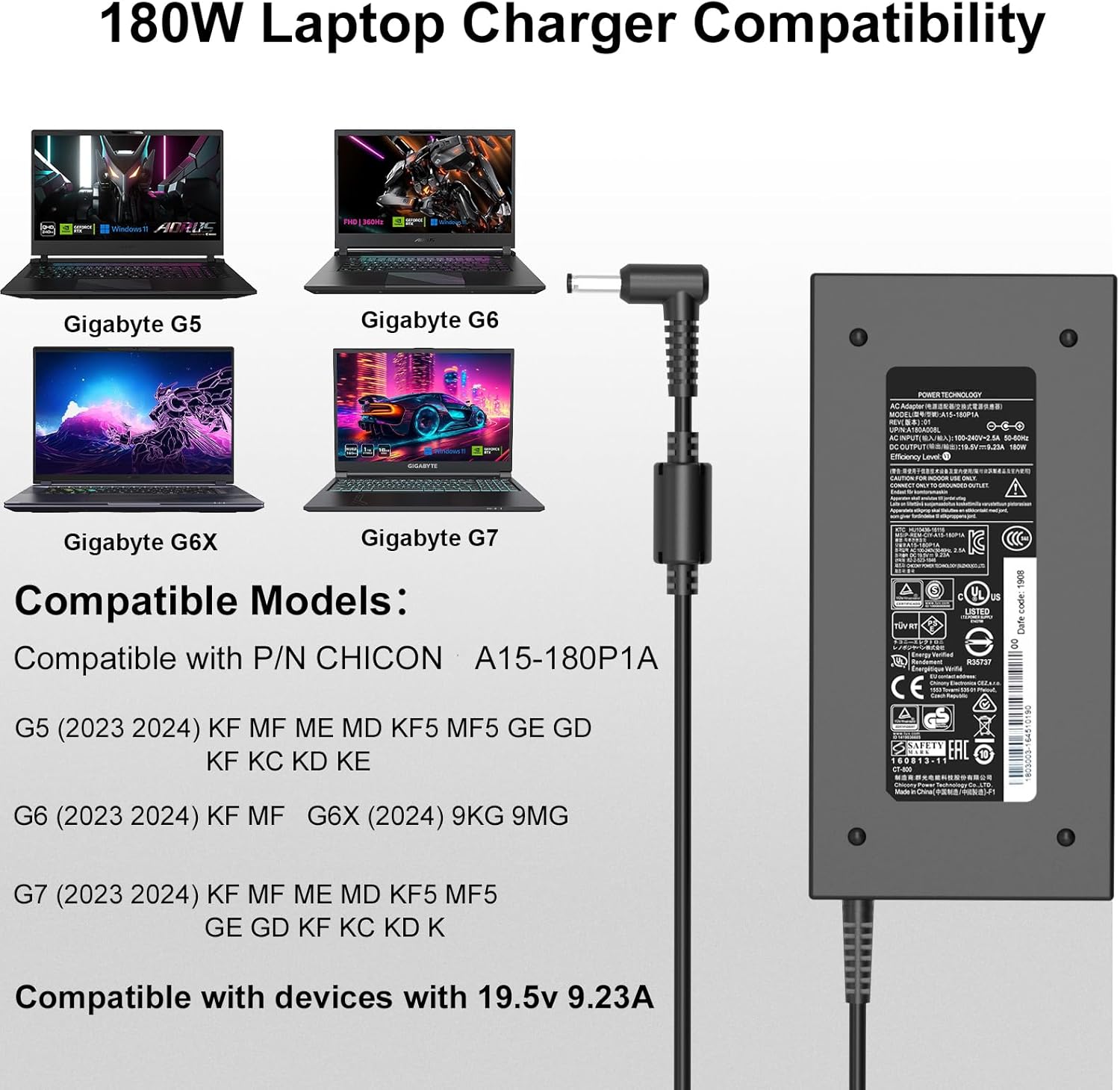 180W 150W Charger for Original Gigabyte G5 kf5 md gd kd kf Gigabyte G6 k9 kf G6X 9KG 9MG (2023 2024) Gaming Laptop Adapter Power Cord Supply