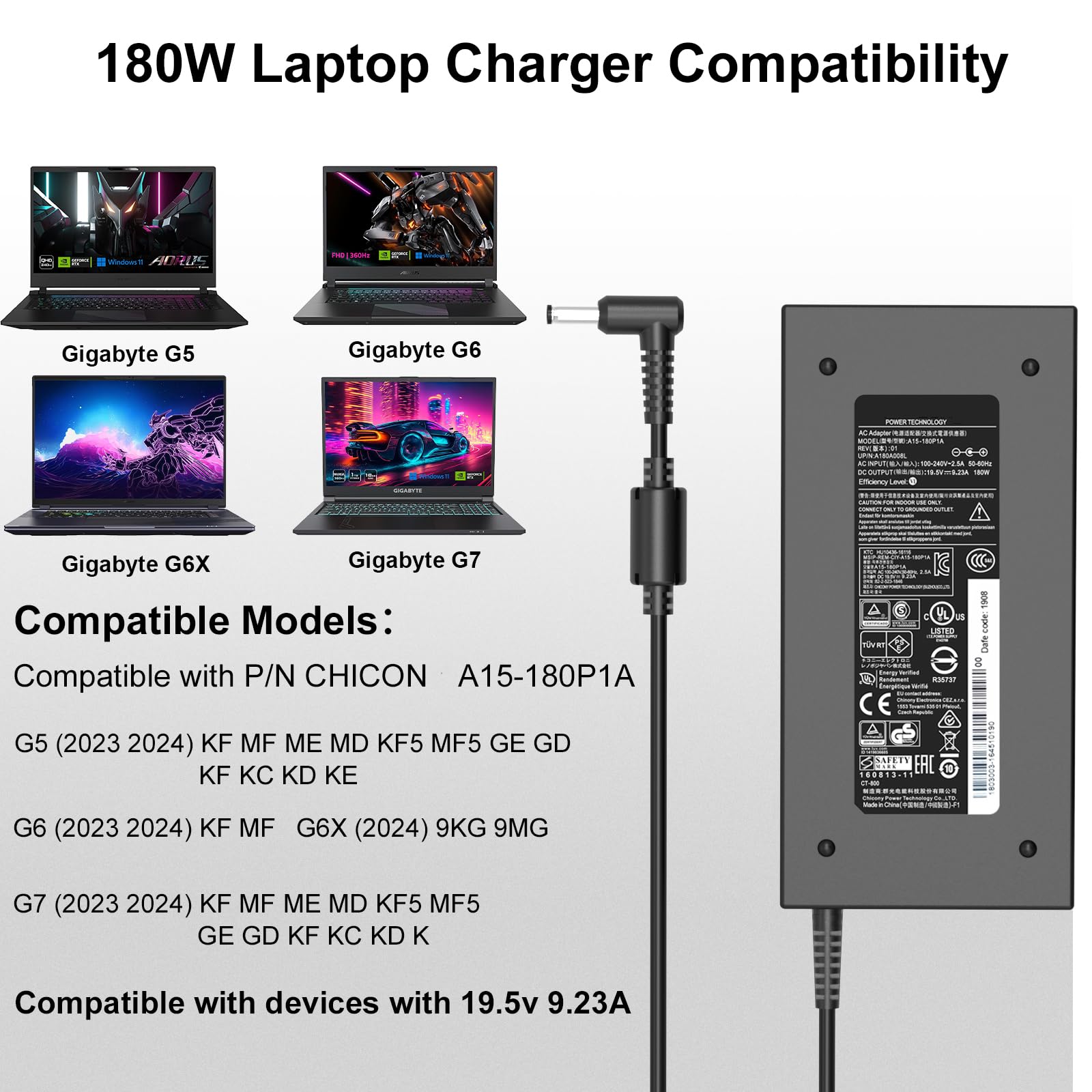 Gigabyte - Caricatore da 180 W per Gigabyte G5 kf5 md gd kd kf G6 k9 kf | Cavo di alimentazione per laptop Aero 14 15 15X, Aorus 7 SA WA X3 P57W V6-CF2 (2023 2024)