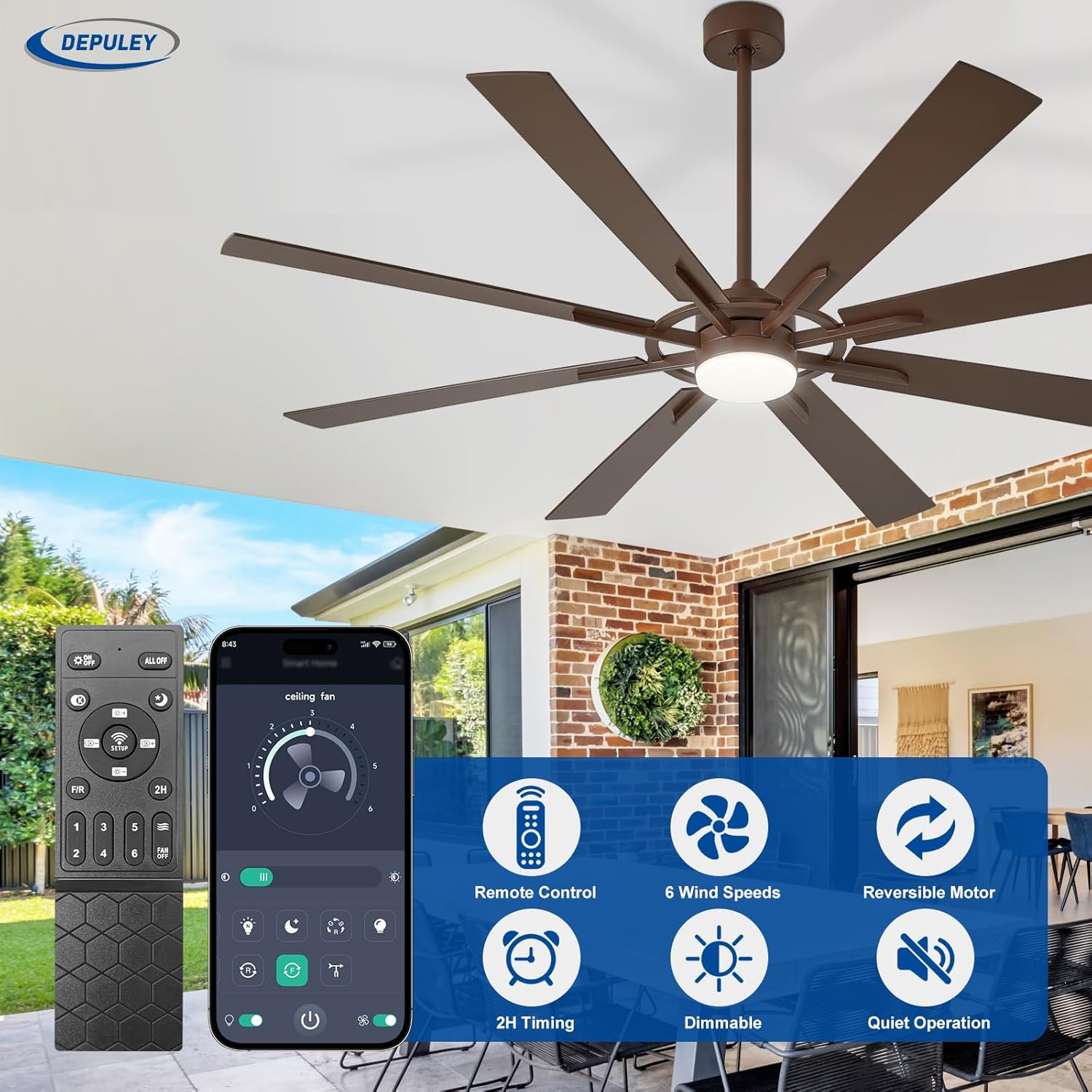 Depuley 72-Inch Ceiling Fan with Light: Modern 8-Blade Brown and Wood Grain Indoor Outdoor Fans with Remote App Control Dimmable Light - Ultra Quiet DC Motor Reversible 6 Speed Timer
