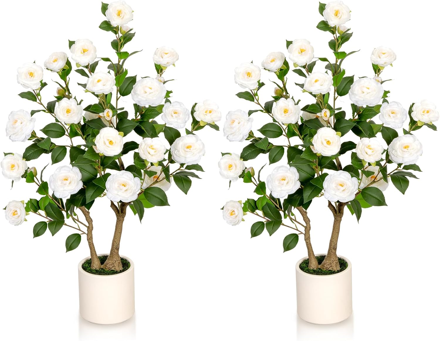 3ft Artificial Camellia Tree 2 Pack, 36'' Tall Faux Camellia Plant with White Flowers, UV Resistant Indoor Outdoor Fake Tree with White Planter Pot Included for Home Patio Decor