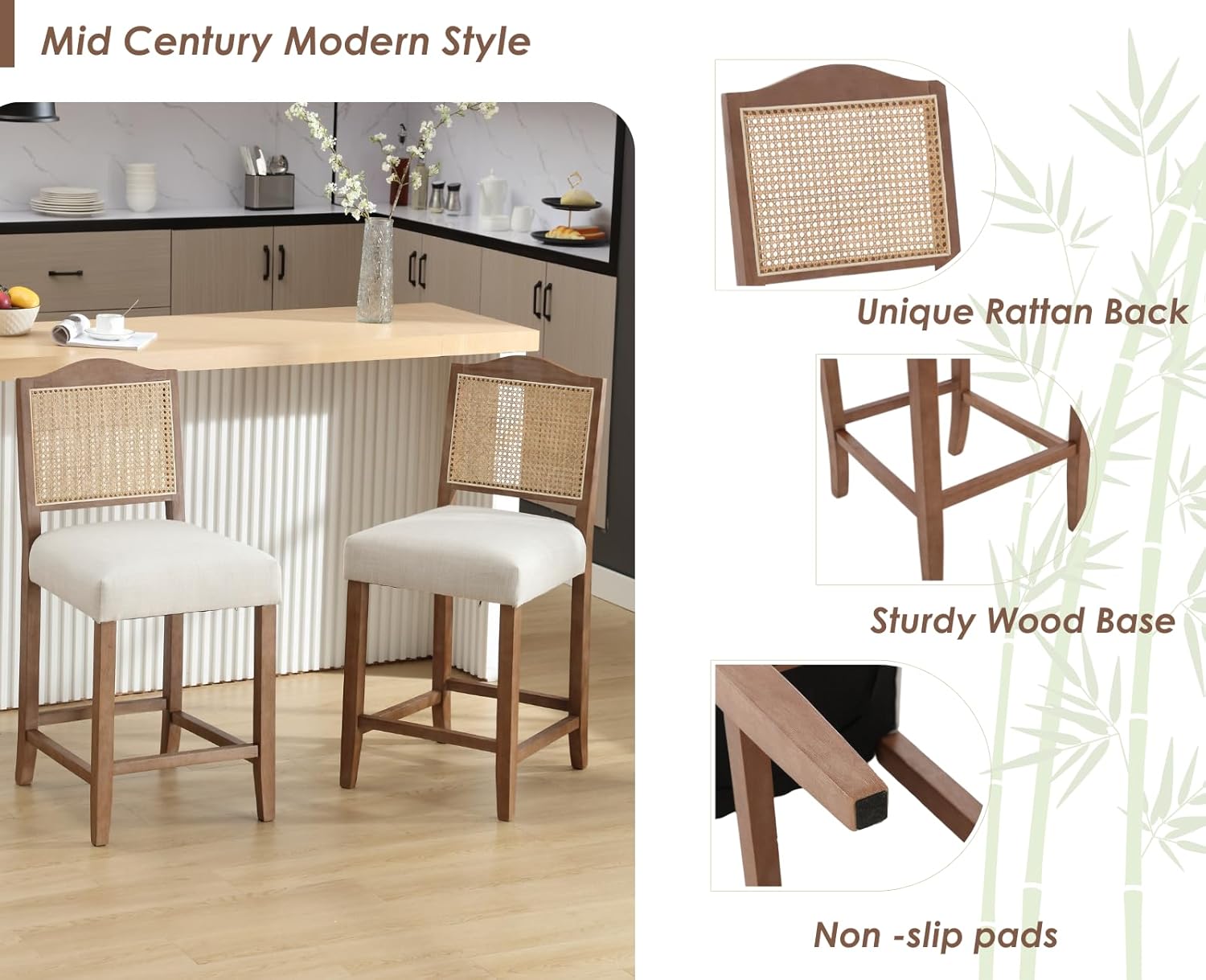 CIMOTA Counter Height Barstools Set of 4 Rattan Farmhouse Bar Stools Mid Century Modern Bar Chairs Upholstered Kitchen Stools with Wood Legs for Island/Dining Room, Linen Beige 26.5In