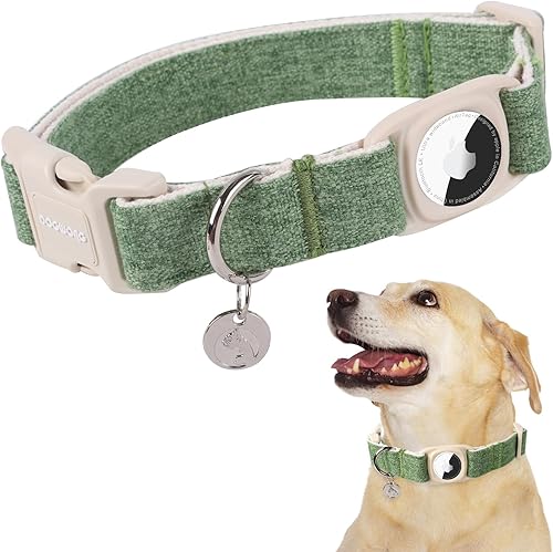 DOGWONG Airtag - Collar de algodón de cáñamo para perro, collar de perro resistente con soporte para Airtag, collar de perro verde duradero de tela