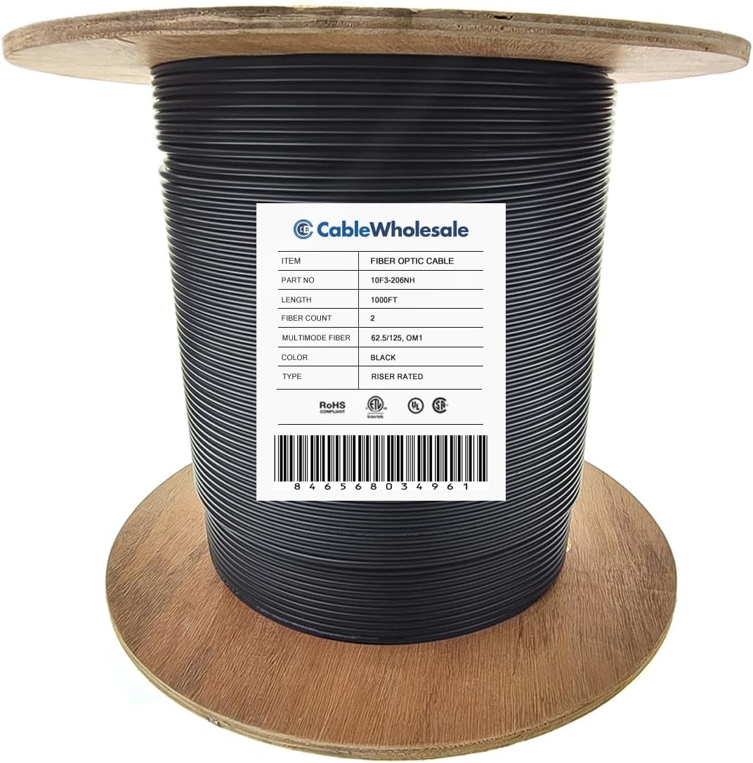 CableWholesale 6 Fiber Indoor/Outdoor Fiber Optic Cable, Multimode, 62.5/125 Micron, Black, Riser Rated, Spool, 1000 feet