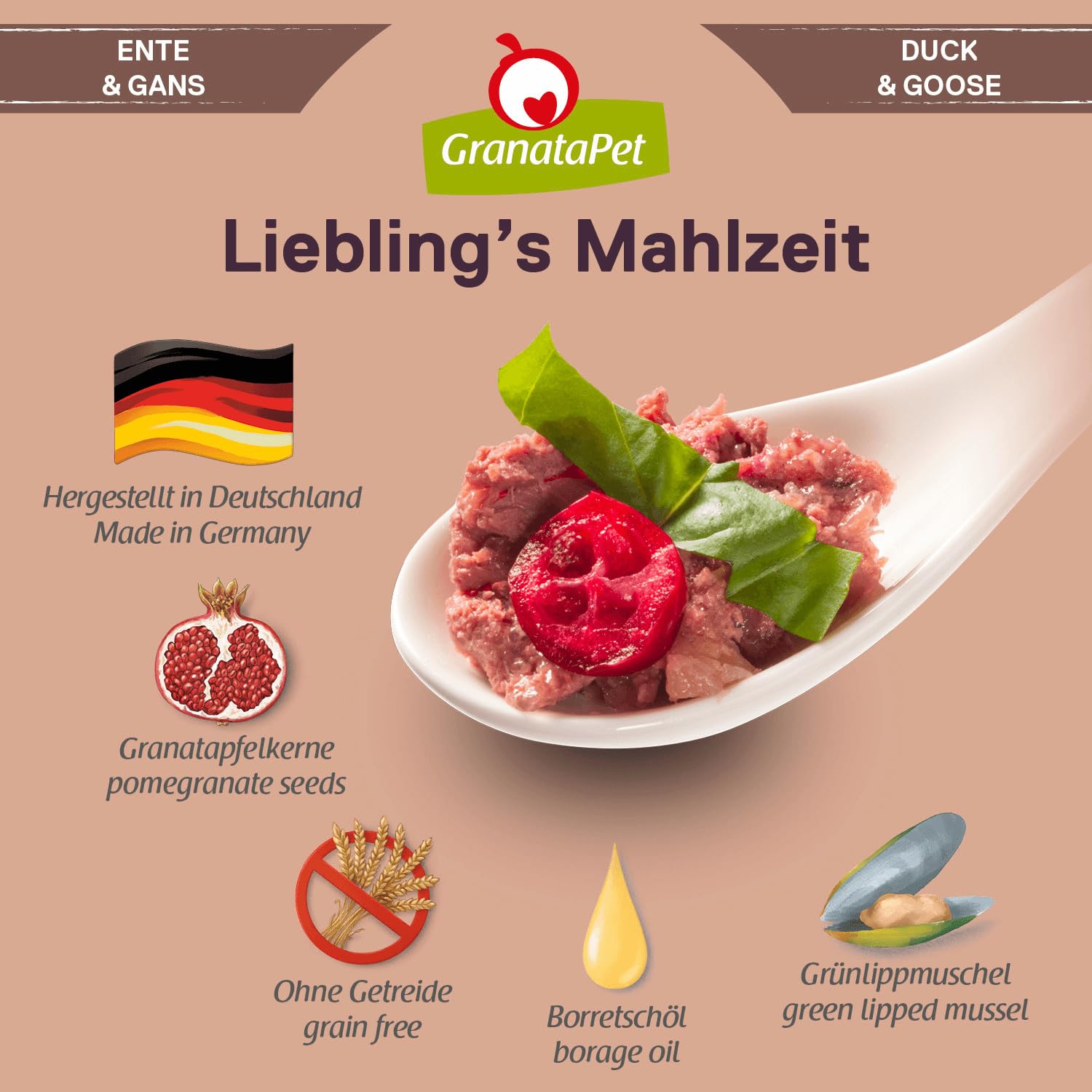 GranataPet Liebling's Mahlzeit kaczka i gęś, mokra karma dla psów, karma dla psów bez zbóż i bez dodatków cukru, mieszanka paszowa pełnoporcjowa, 12 x 800 g