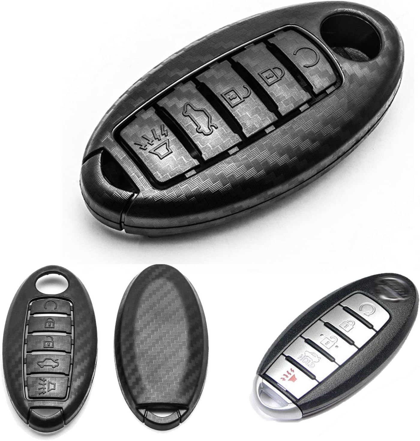 x xotic tech Matte Black Carbon Fiber Pattern ABS Key Fob Shell Cover Case, Compatible with Nissan Titan Altima GT-R 370Z Maxima Infiniti Q50 Q60 Q70 QX50 G37 5-Button Smart Keyless Entry Key