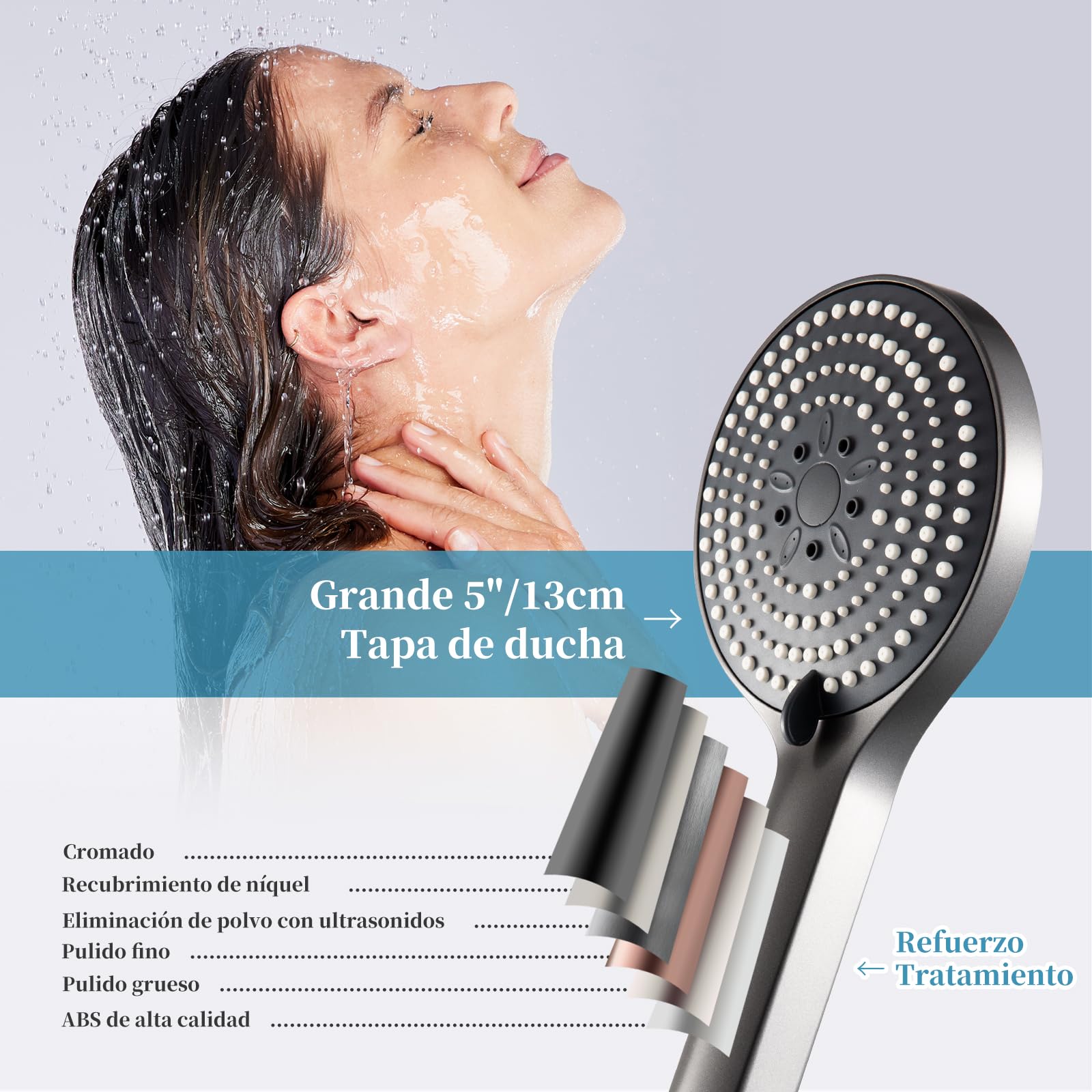 OFFO Soffione Doccia con Tubo,Flessibile da 1,6 m, con 6 Modalità Di Spruzzo,Soffione Doccia Grande con Tubo a Risparmio Idrico,Doccino per Doccia con Tubo a Mano per Il Bagno,Nero Cromo