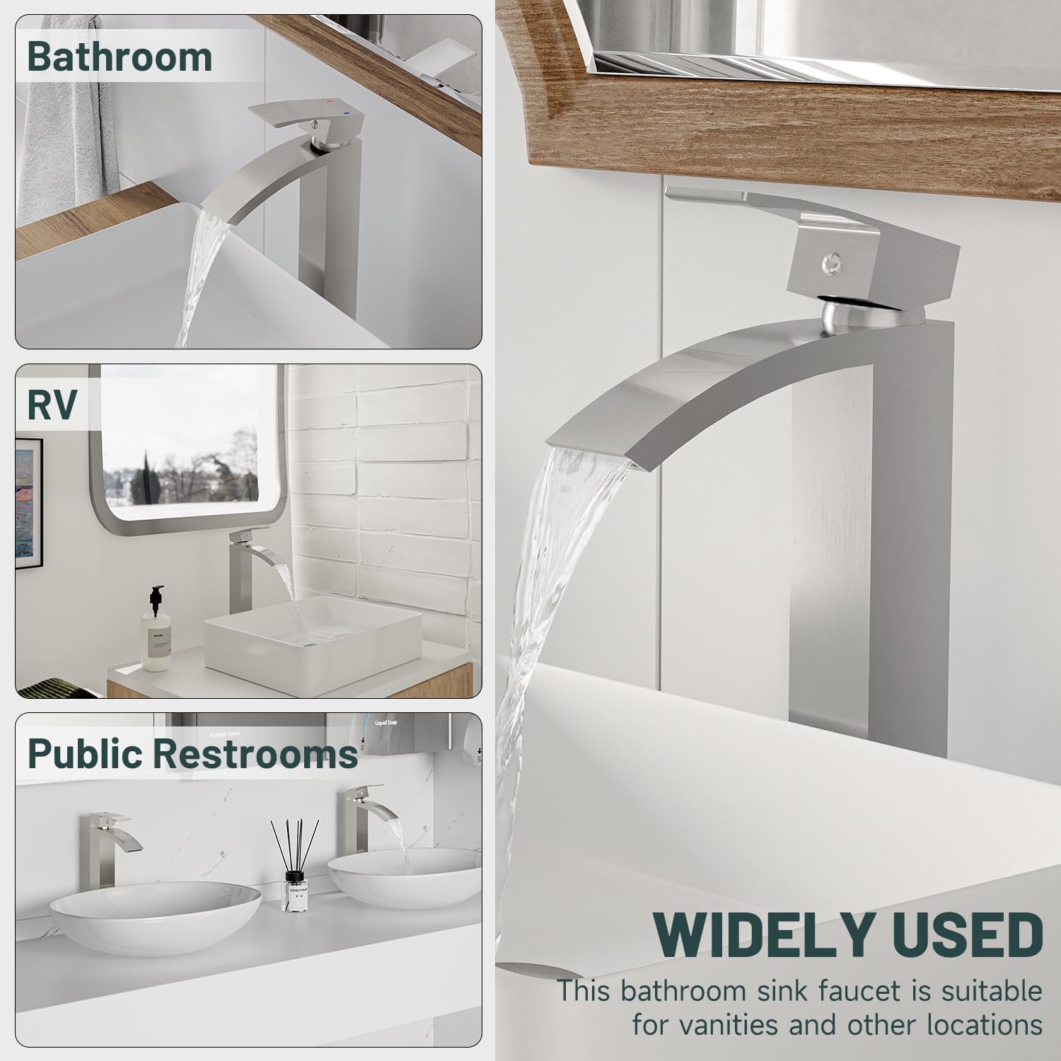 Brushed Nickel Vessel Sink Faucet, Greenspring Waterfall Bathroom Faucets, Tall Spout Single Handle Single Hole Bathroom Faucets with Pop Up Drain and Without Overflow Basin Faucet Supply Line - Image 8