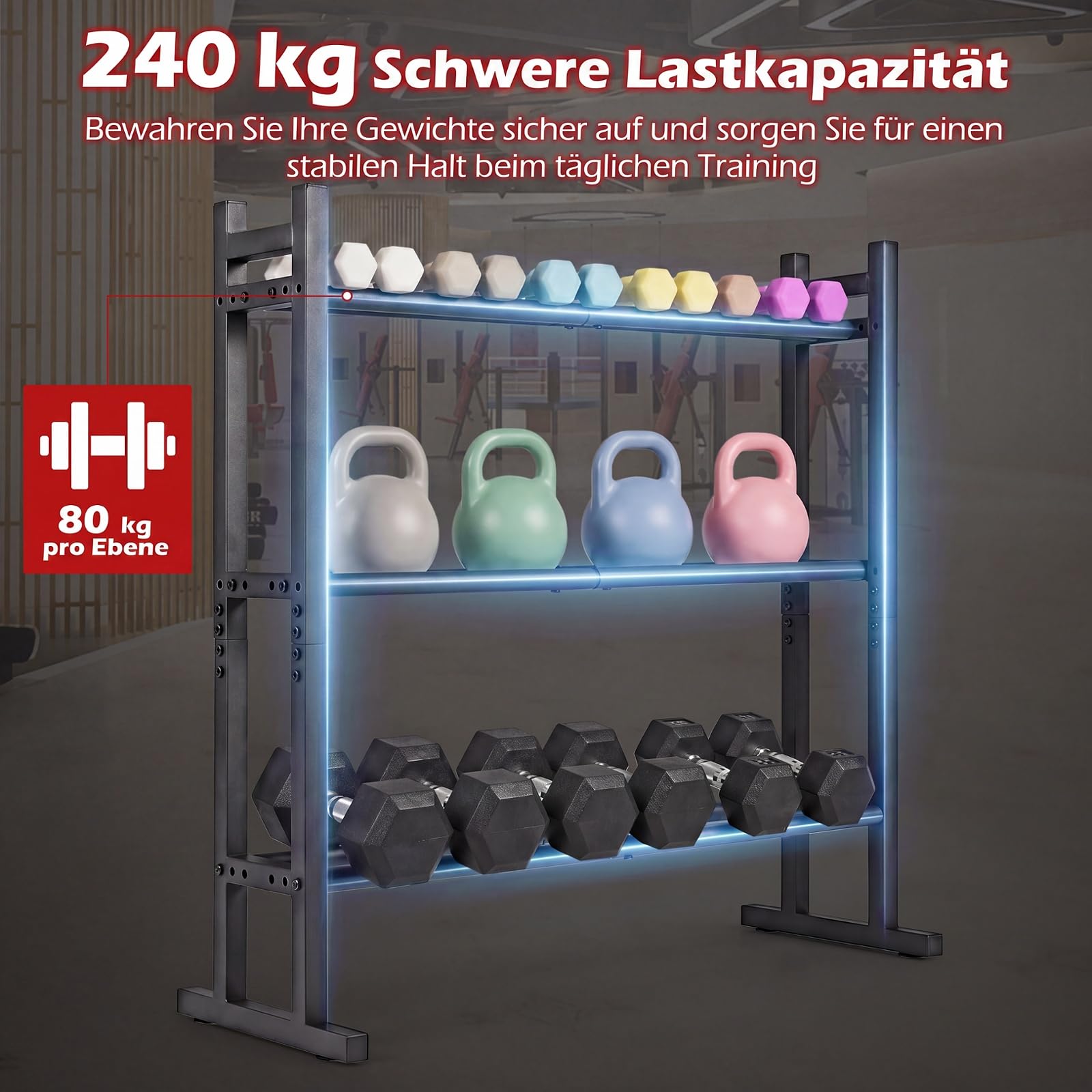 COSTWAY 3-stopniowy stojak na hantle, stojak z 3-stopniową regulacją odstępu, metalowy stojak na krótkie sztangi, obciążalny do 240 kg, stojak na hantle do domu, siłowni