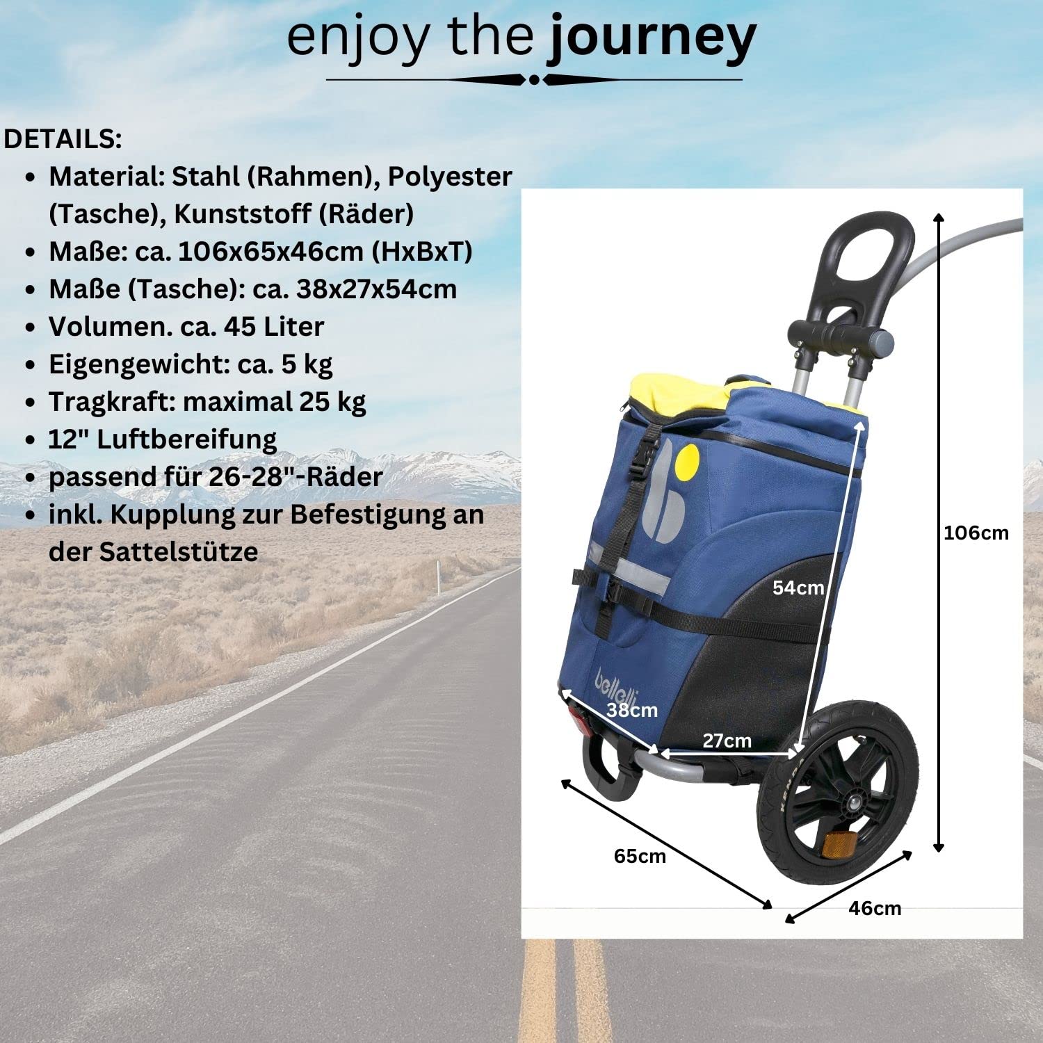 RIMORCHIO BAGAGERE B-Tourist Blu/Giallo Fissaggio Telaio BELLELLI 38X27X54 45 litri Chiusure Impermeabili