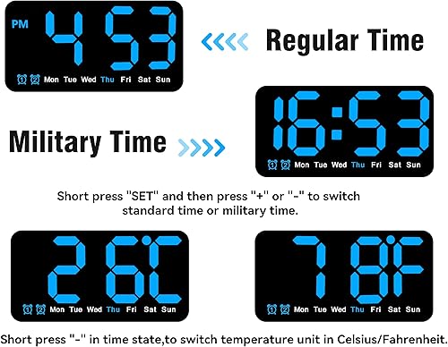 Miniatura 6 de Triangle Plum Reloj de pared digital grande, 9.5 pulgadas, despertador LED con dígitos grandes, DST, alarma doble, brillo de 3 niveles para sala de