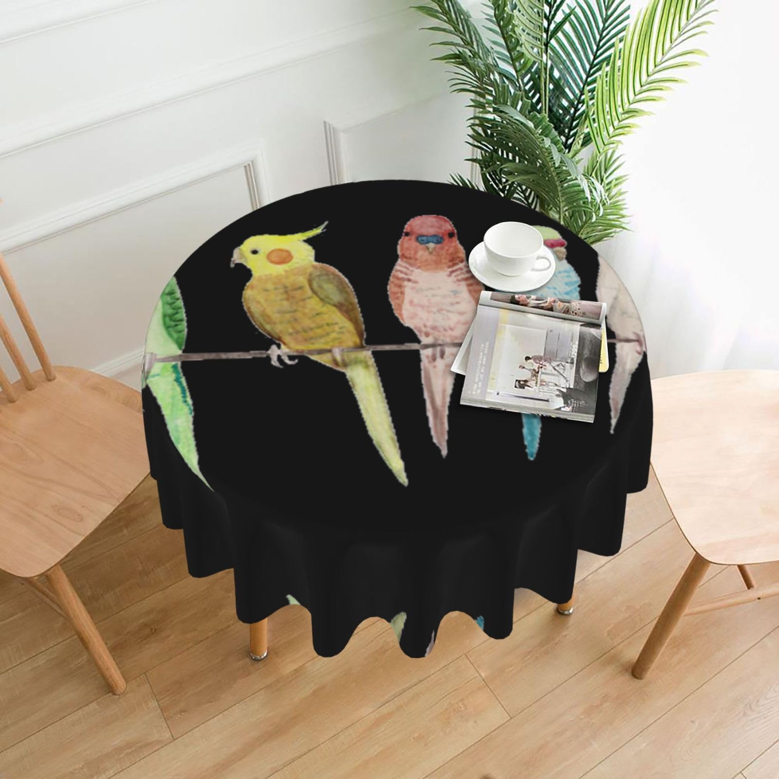 Uusnwaa Colorful Parrots On Tree Print Round Tablecloth 60 Inch, Stain Wrinkle Resistant Washable Polyester Table Cover For Kitchen Party