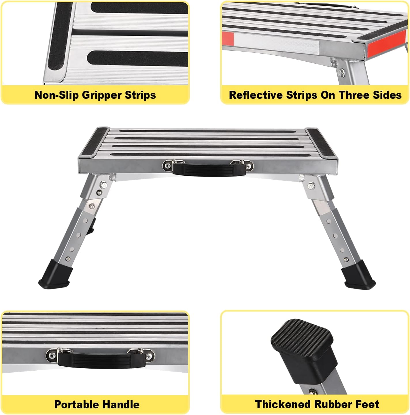 Safety RV Steps, Yagud Height Adjustable Folding Platform Step with 17 X 12 Anti-Slip Surface, Rubber Feet, Handle, Reflective Strips, and T Level, Aluminum RV Step Stool Supports Up to 1000lbs