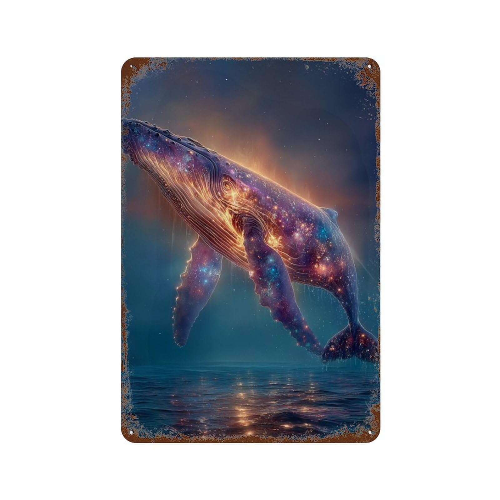 Distressed Metal Wall Sign Cosmic Whale in Ocean 11.8"x7.9", Vintage Wall Decor for Garage, Bar And Workshop Decor