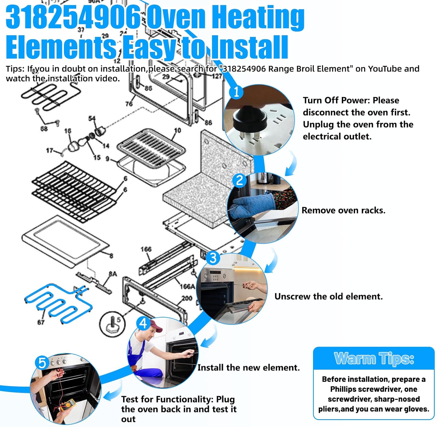 UPGRADED 318254906 Oven Heating Element Compatible with Frigidaire Kenmore Electrolux Electric Range Stove Ovens Parts,318254906 Frigidaire Broil Element 318254909 318254901 1259831 Oven Bake Element