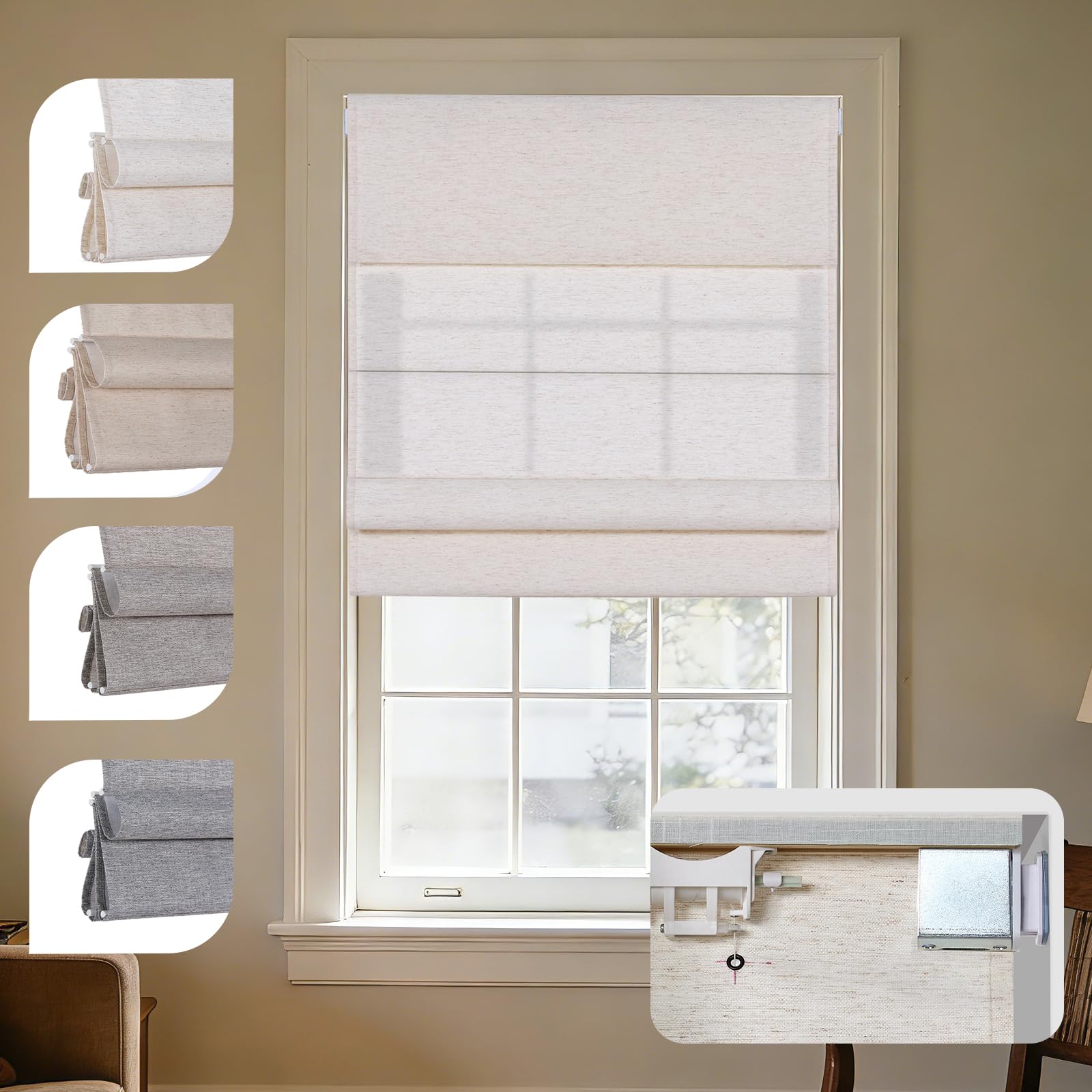 36x36No Tools No Drill Cordless Roman Shades for Indoor Windows, Linen Fabric Light Filtering Roman Blinds, Privacy Window Shades for Living Room & Office,Custom Size,Light Filtering-Cream