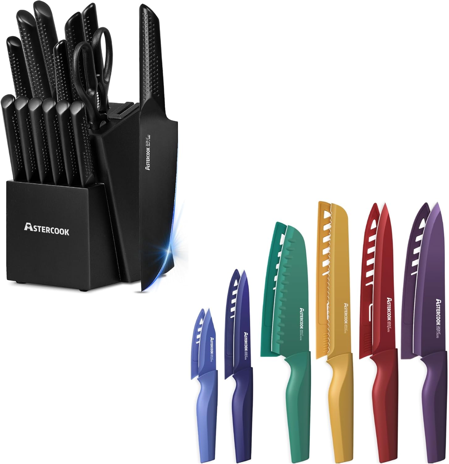 Astercook 15 Pieces Chef Kitchen Knife Set with Block and 12 Pcs Color-Coded Kitchen Knife Set, German Stainless Steel Dishwasher Safe