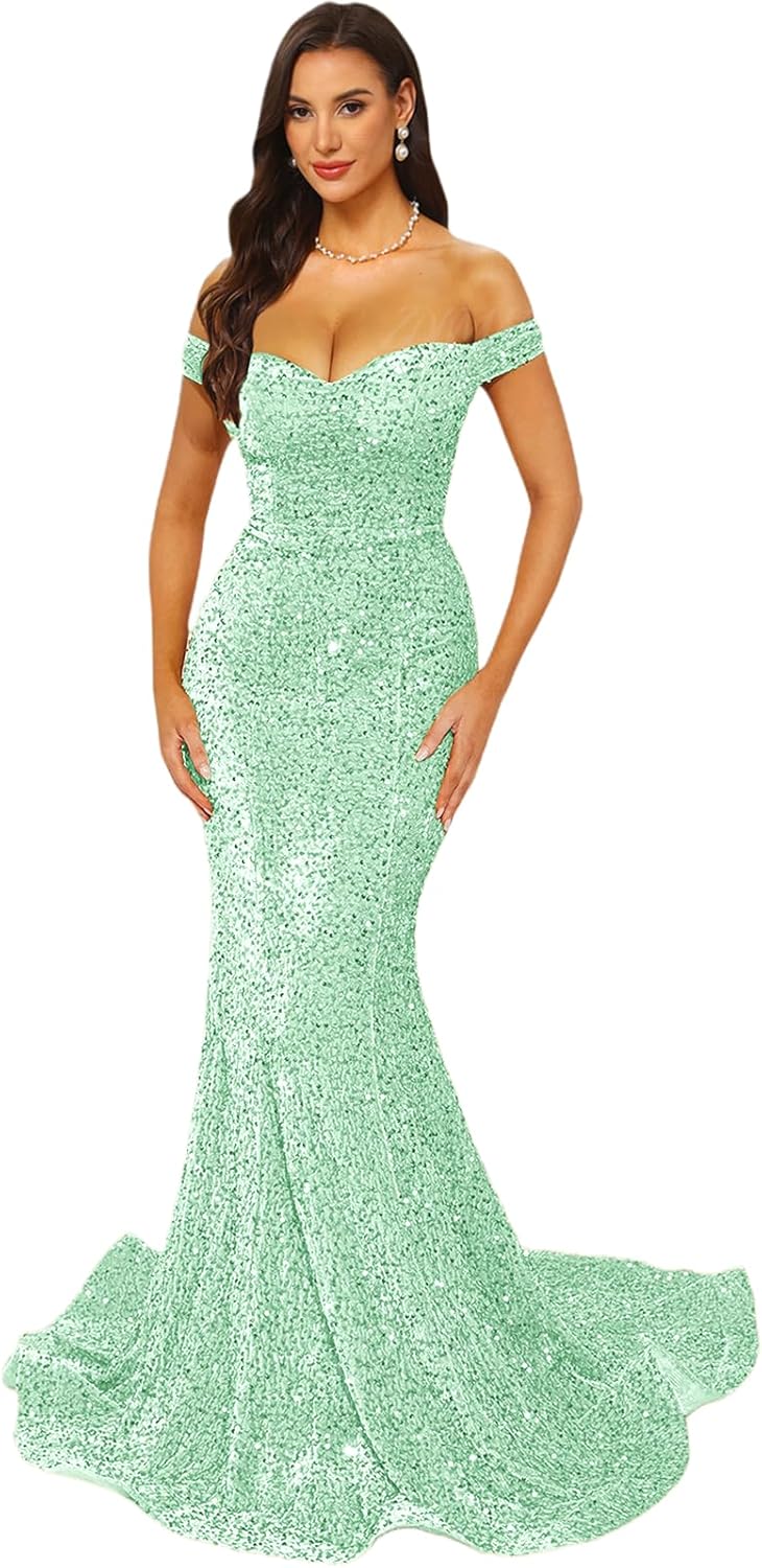 Sequin Mermaid Prom Dresses 2026 Glitter Off Shoulder Formal Evening Party Gowns with Train LU220