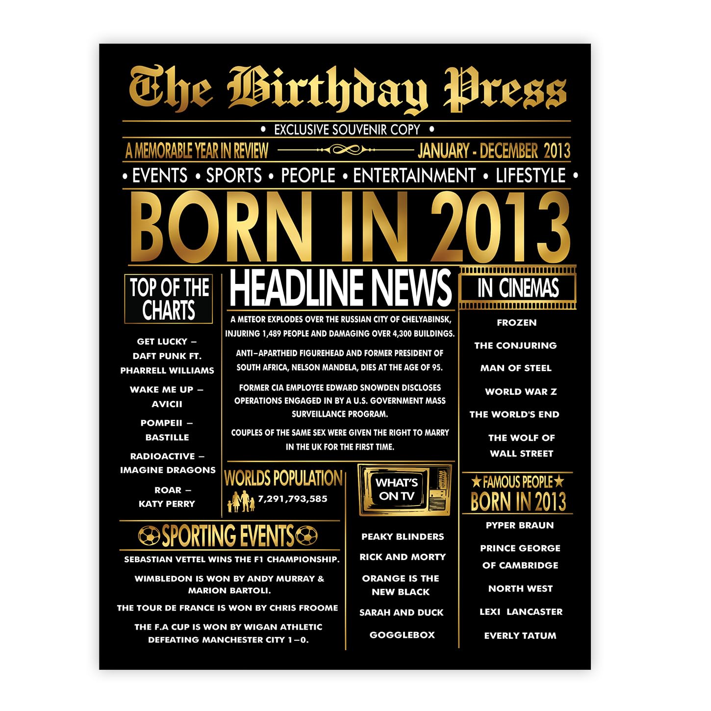 Stuff4 Gold 13th Birthday Poster Unframed - Golden Born In 2013 Newspaper - Happy 13 Birthday for Boys Girls Retro Vintage Gifts Back In 2013, 8x10 Inch Bday Party Decor Decoration