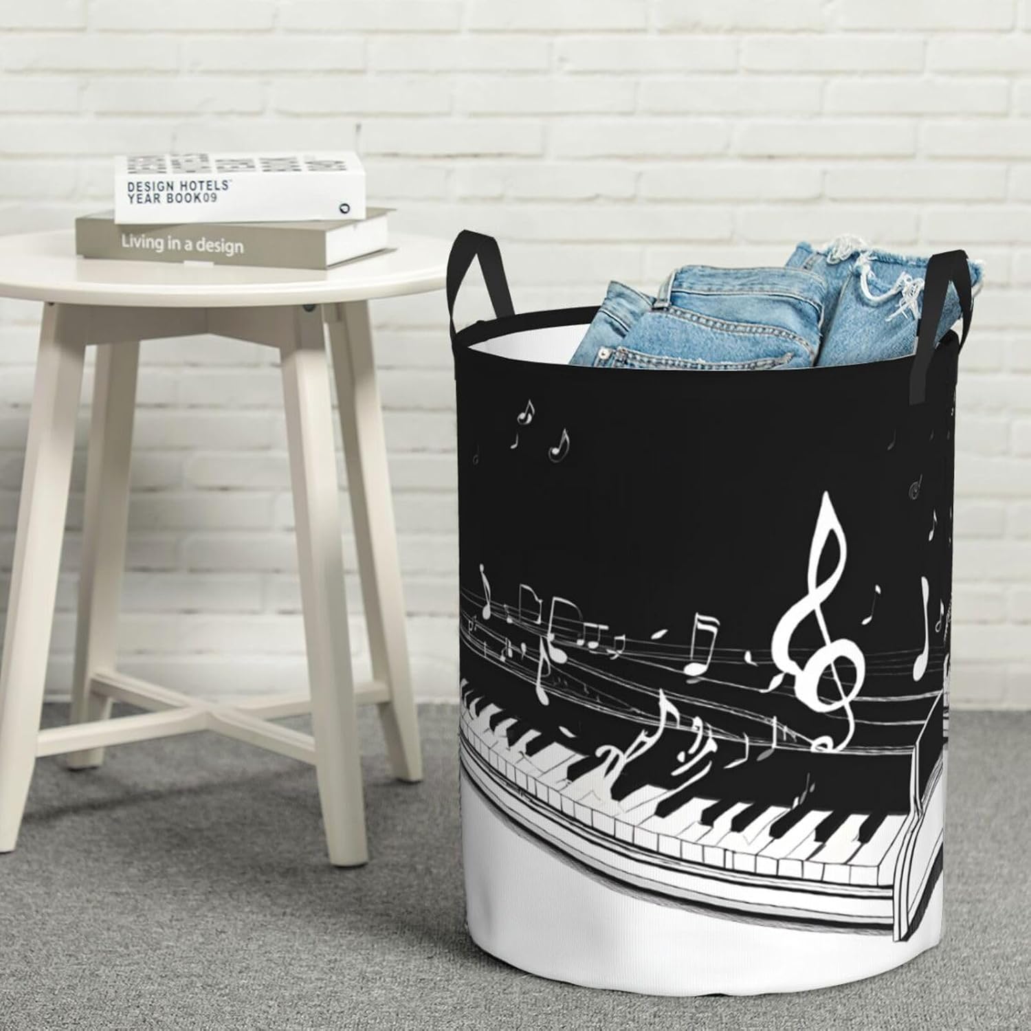 (Black White Music Note) Collapsible Circular Laundry Hamper Waterproof Oxford Fabric Clothes Basket with Handles Foldable Storage Bin for Bedroom Bathroom Dorm Toy Towel Blanket Organizer Small image 2